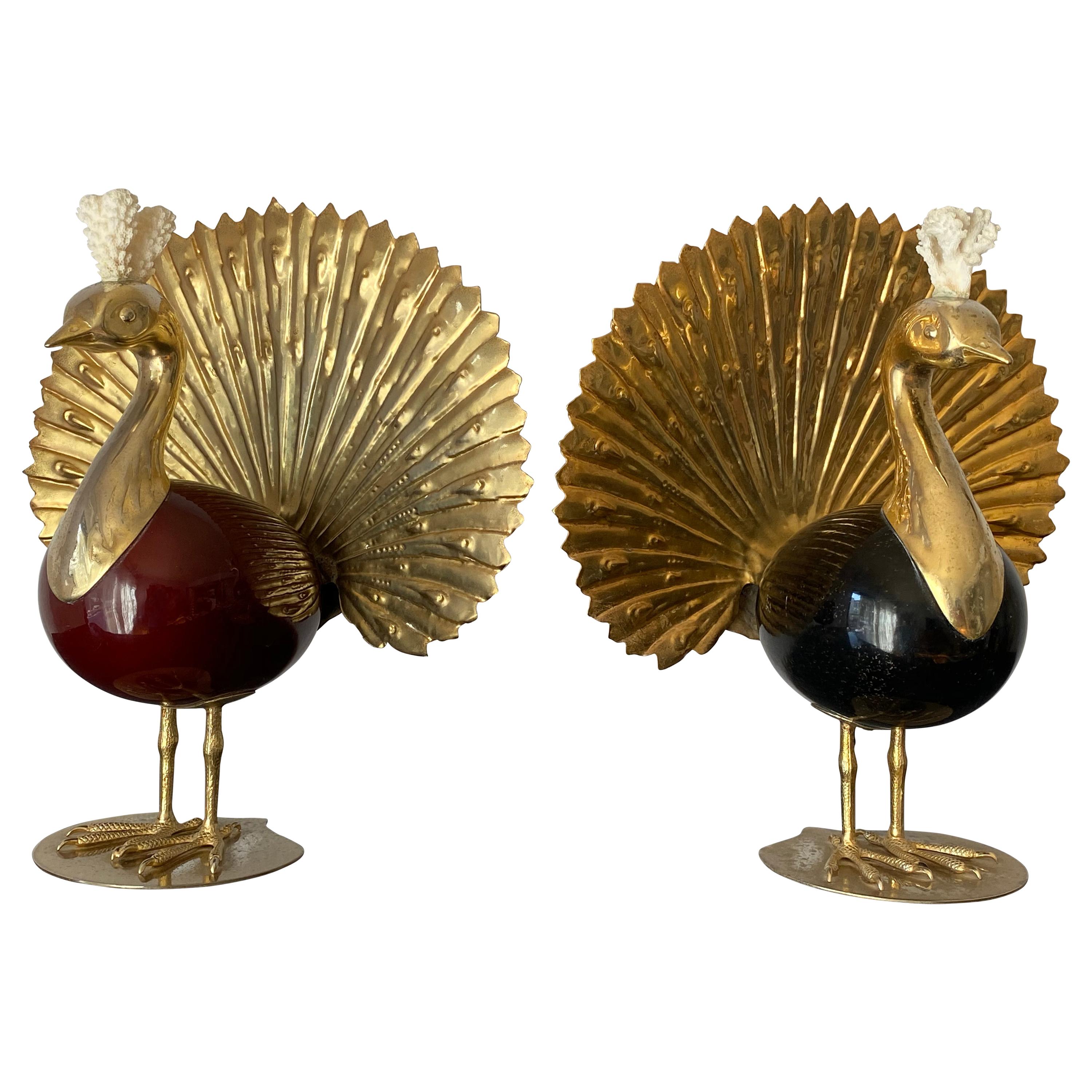 Pair of Antonio Pavia Brass and Coral Peacock Bookends Sculptures