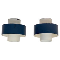 Pair of Anvia Midcentury Navy and White Enameled Metal Ceiling Lights