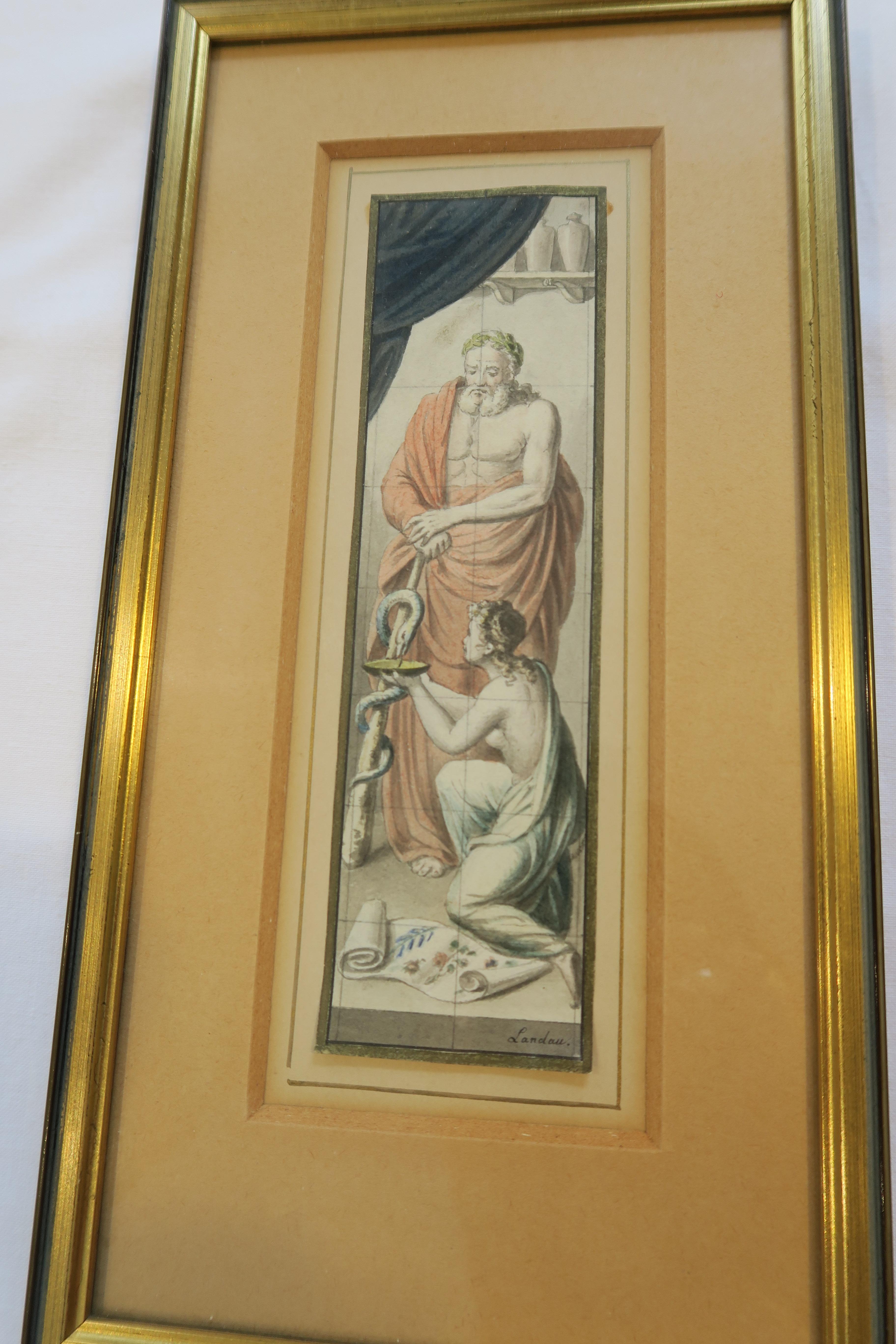 This is a pair of endearing water colour paintings signed Landau. They were framed in two matching golden frames and come with small sturdy loops at the back for hanging.
The paintings were made on behalf of a pharmacist in the mid 19th century as