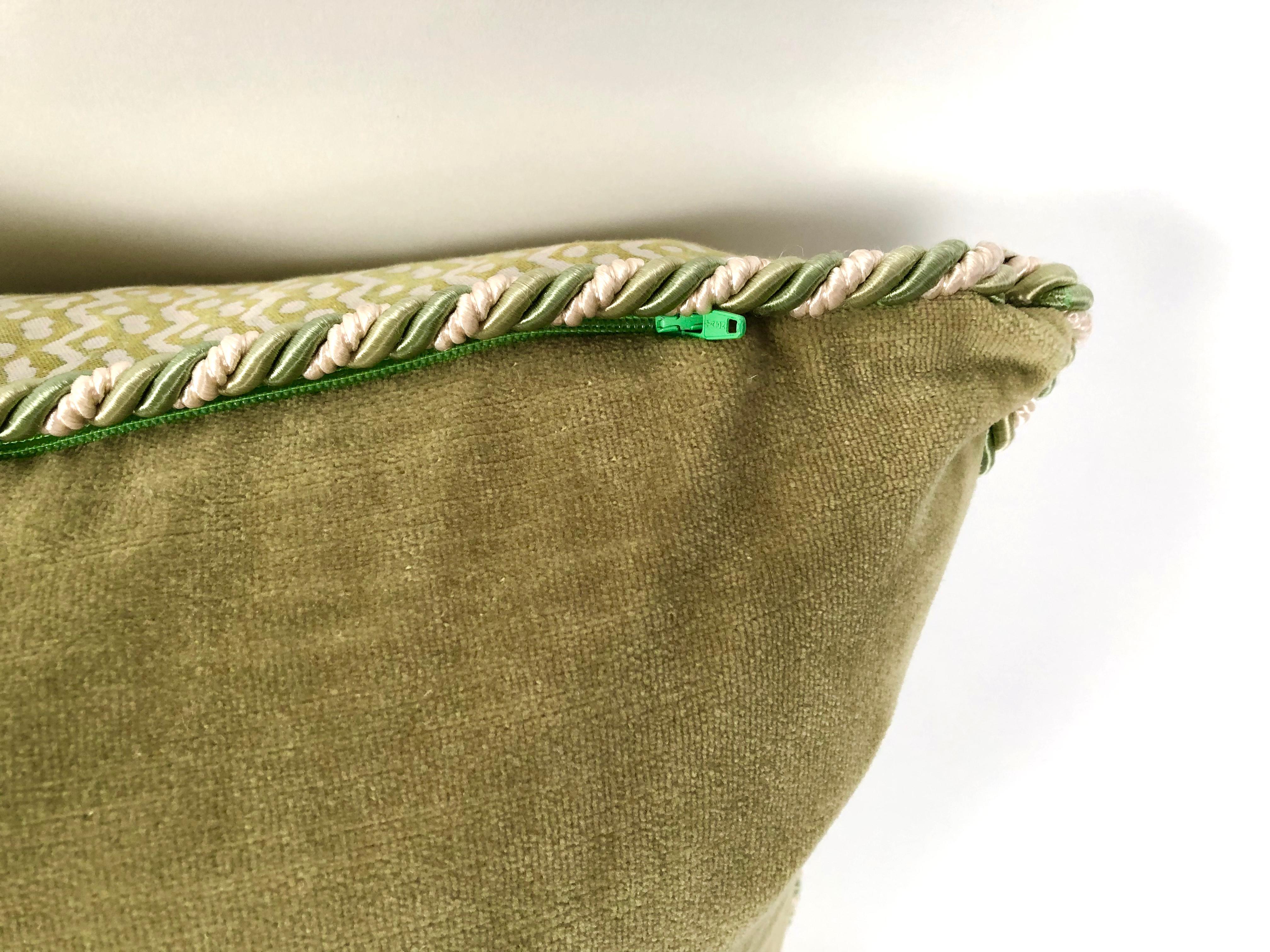 Cotton Pair of Apple Green and White  Fortuny Pillows in  the Tapa Pattern