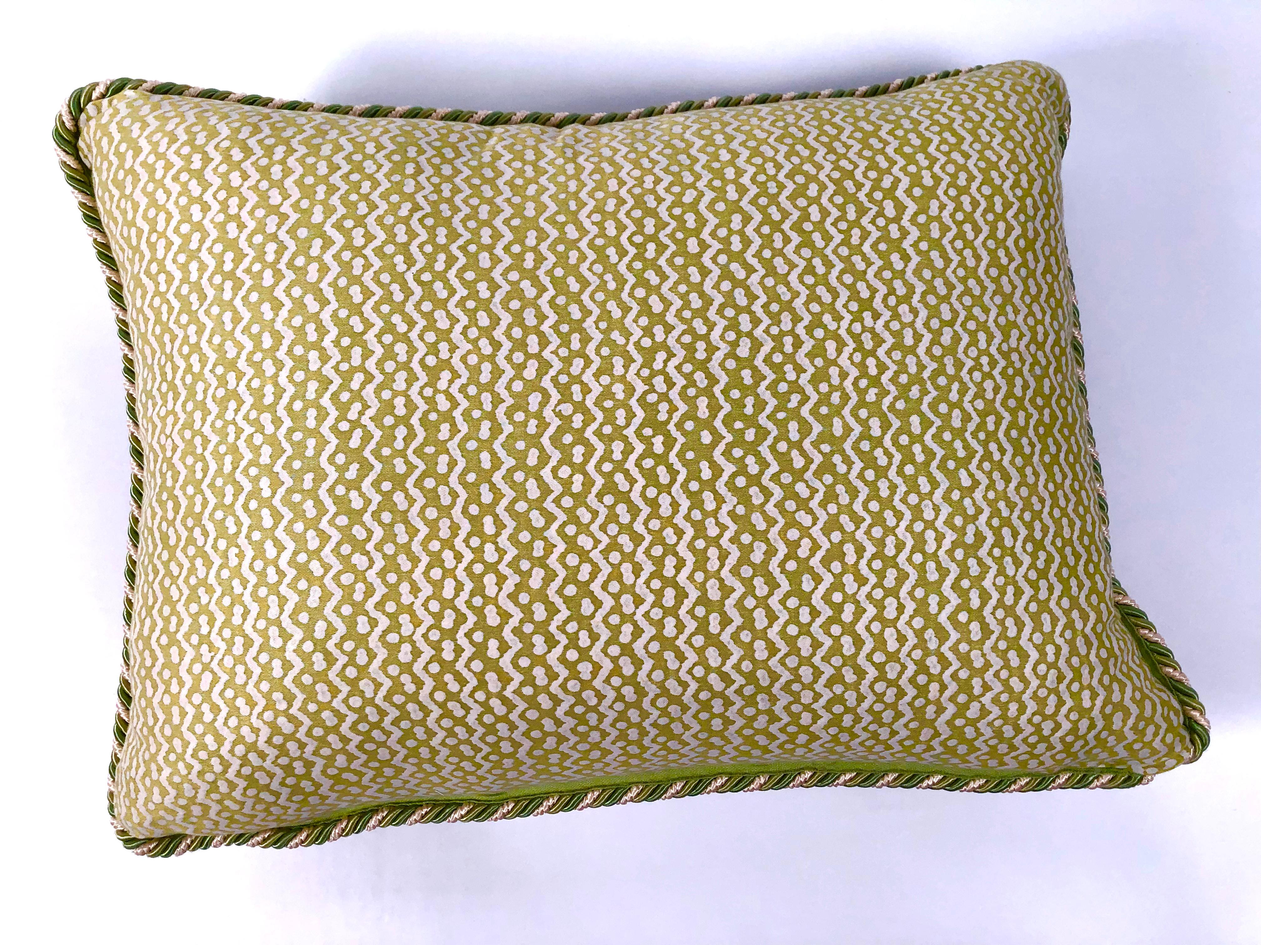 Pair of Apple Green and White  Fortuny Pillows in  the Tapa Pattern 1