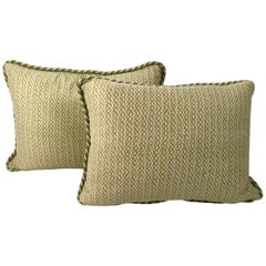 Pair of Apple Green and White  Fortuny Pillows in  the Tapa Pattern