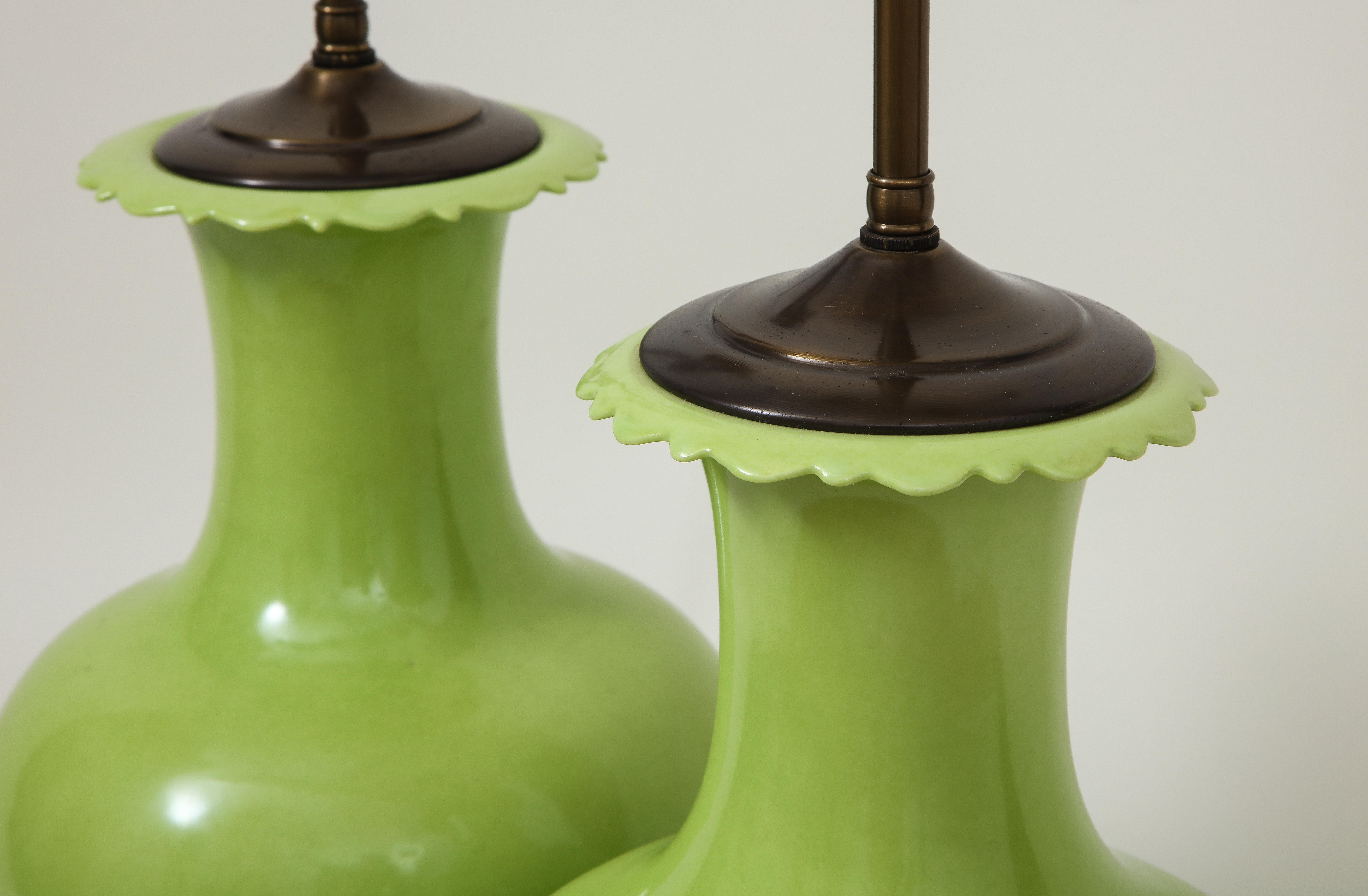 Pair of Apple Green Porcelain Lamps In Good Condition In New York, NY