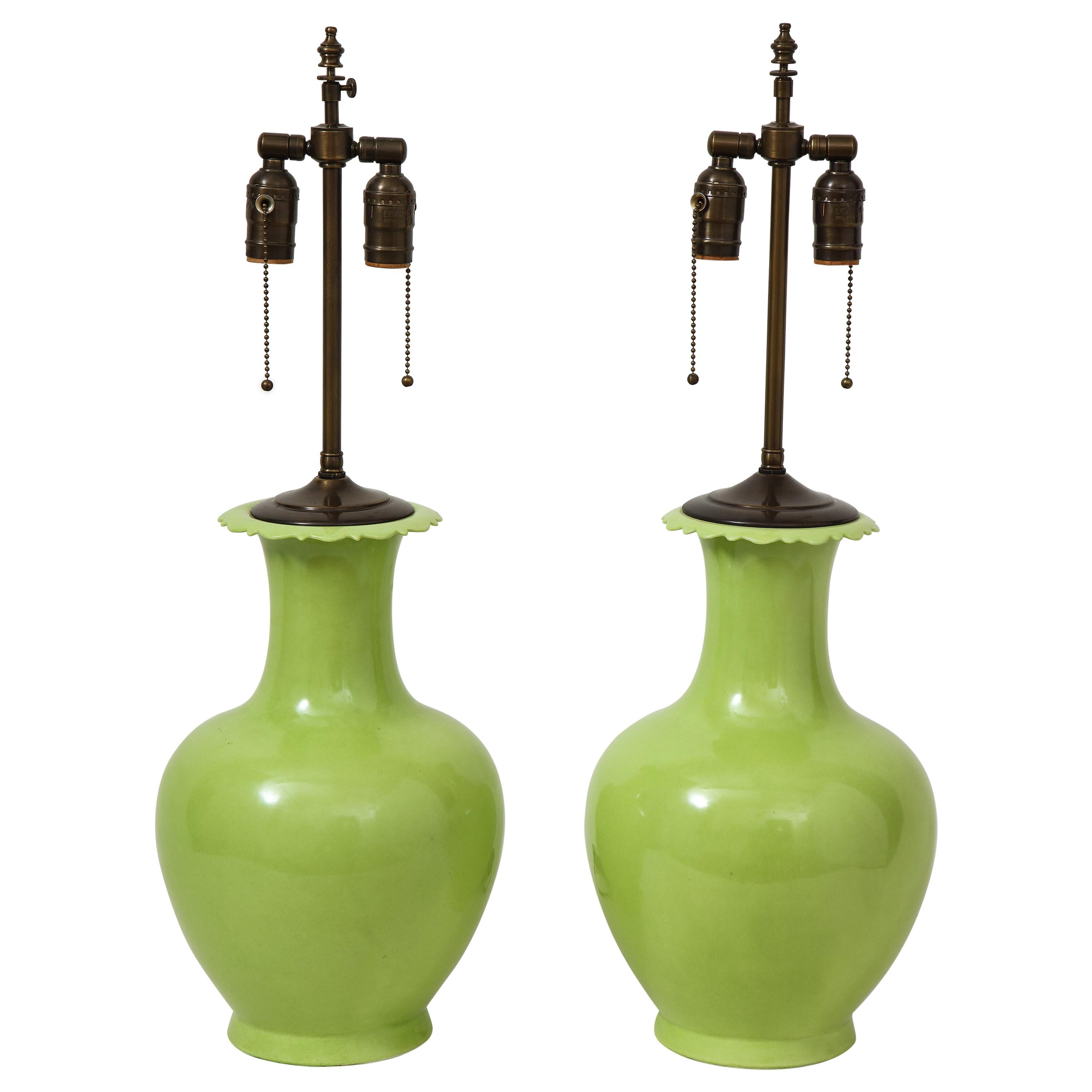 Pair of Apple Green Porcelain Lamps