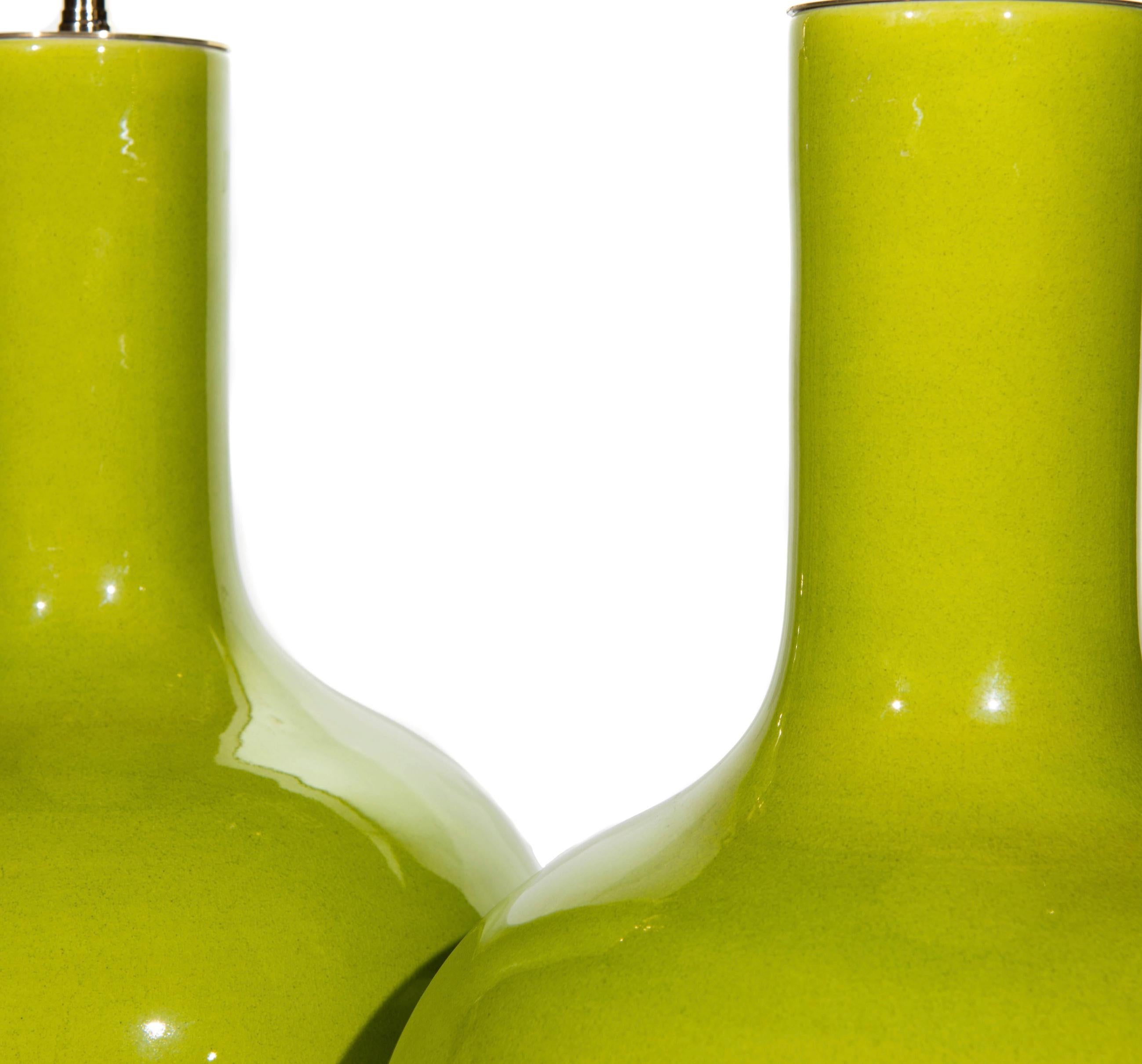 Glazed Pair of Apple Green Porcelain Straight Neck Table Lamps For Sale