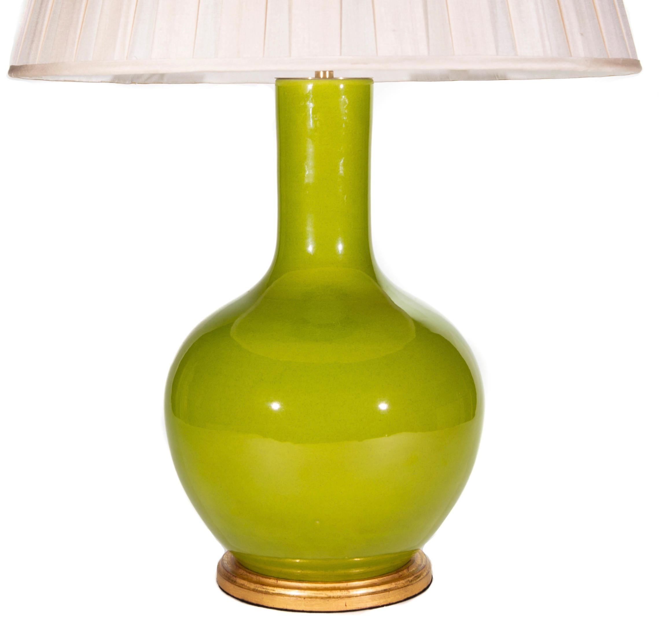 20th Century Pair of Apple Green Porcelain Straight Neck Table Lamps For Sale