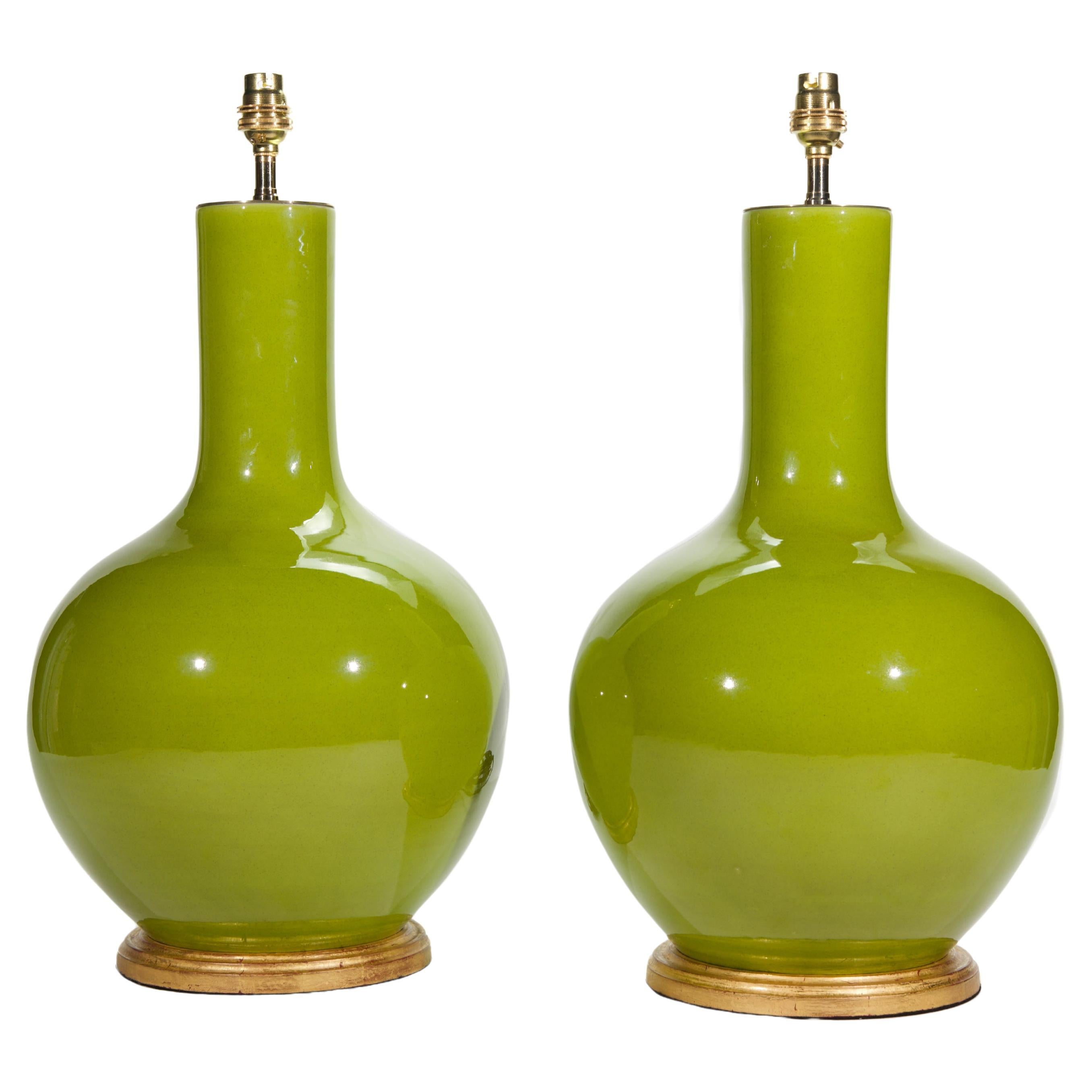 Pair of Apple Green Porcelain Straight Neck Table Lamps For Sale