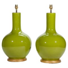 Pair of Apple Green Porcelain Straight Neck Table Lamps