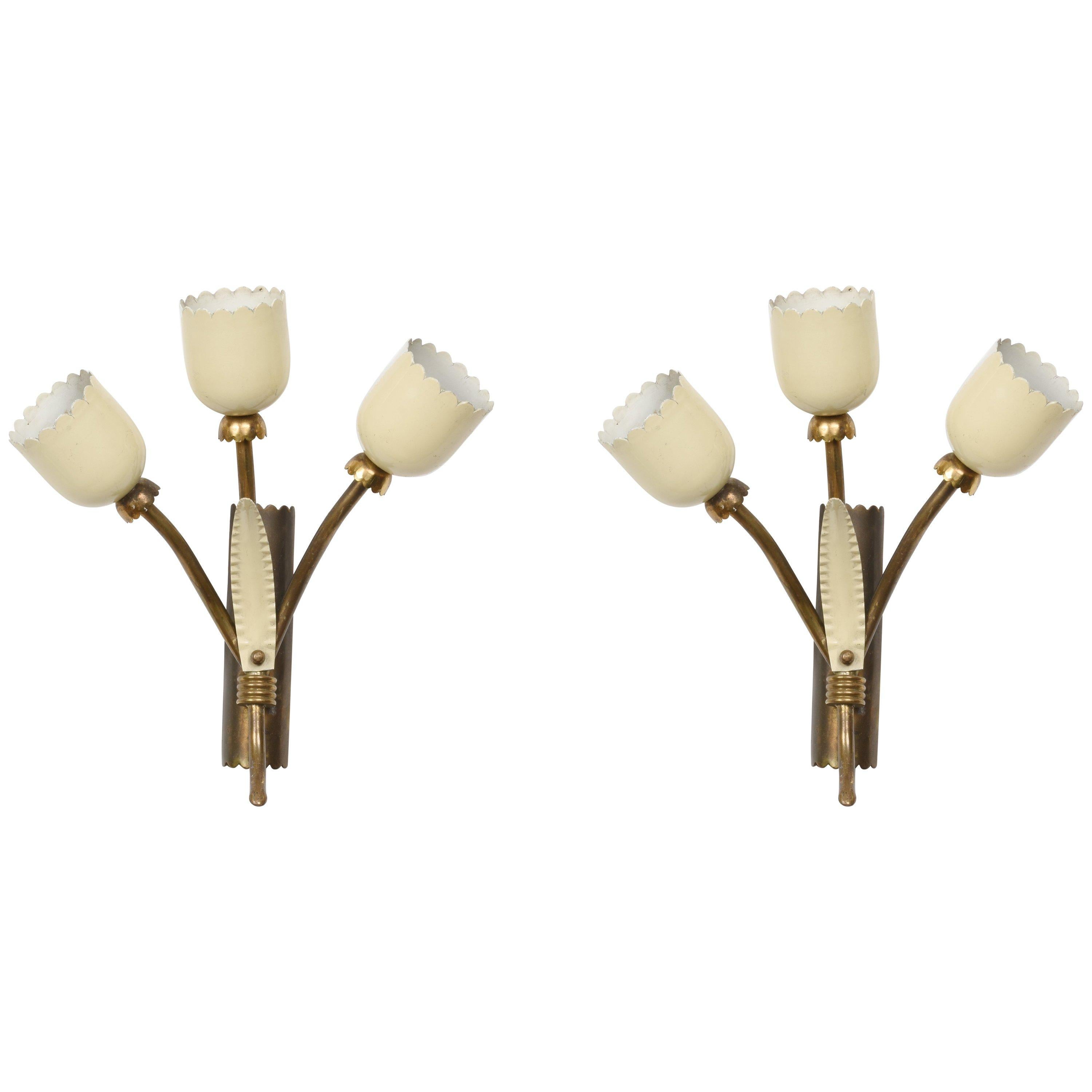 Pair of Applique in Brass and Italian Stilnovo Style Enamel, Three Lights Italy