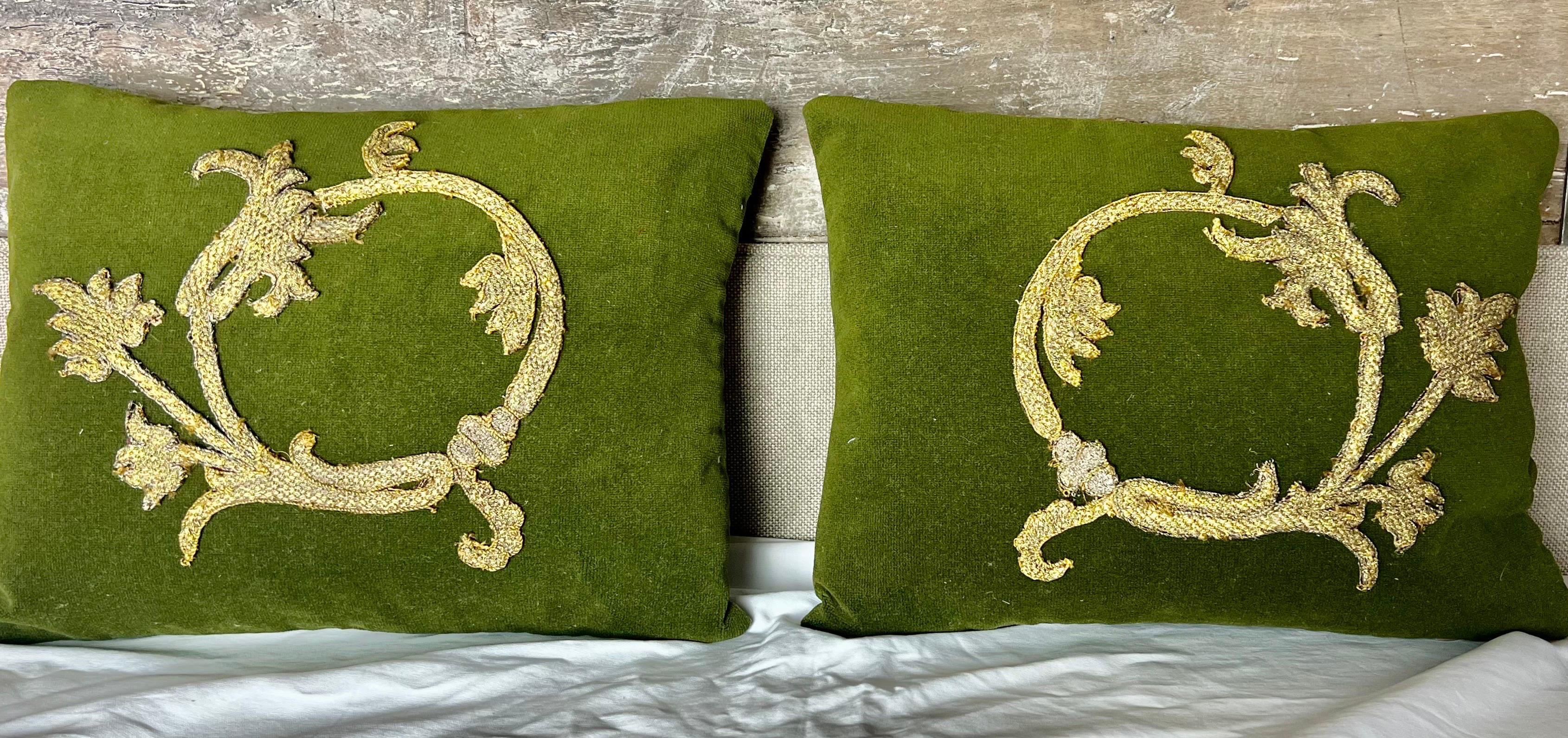 Baroque Pair of Appliquéd Green Velvet pillows