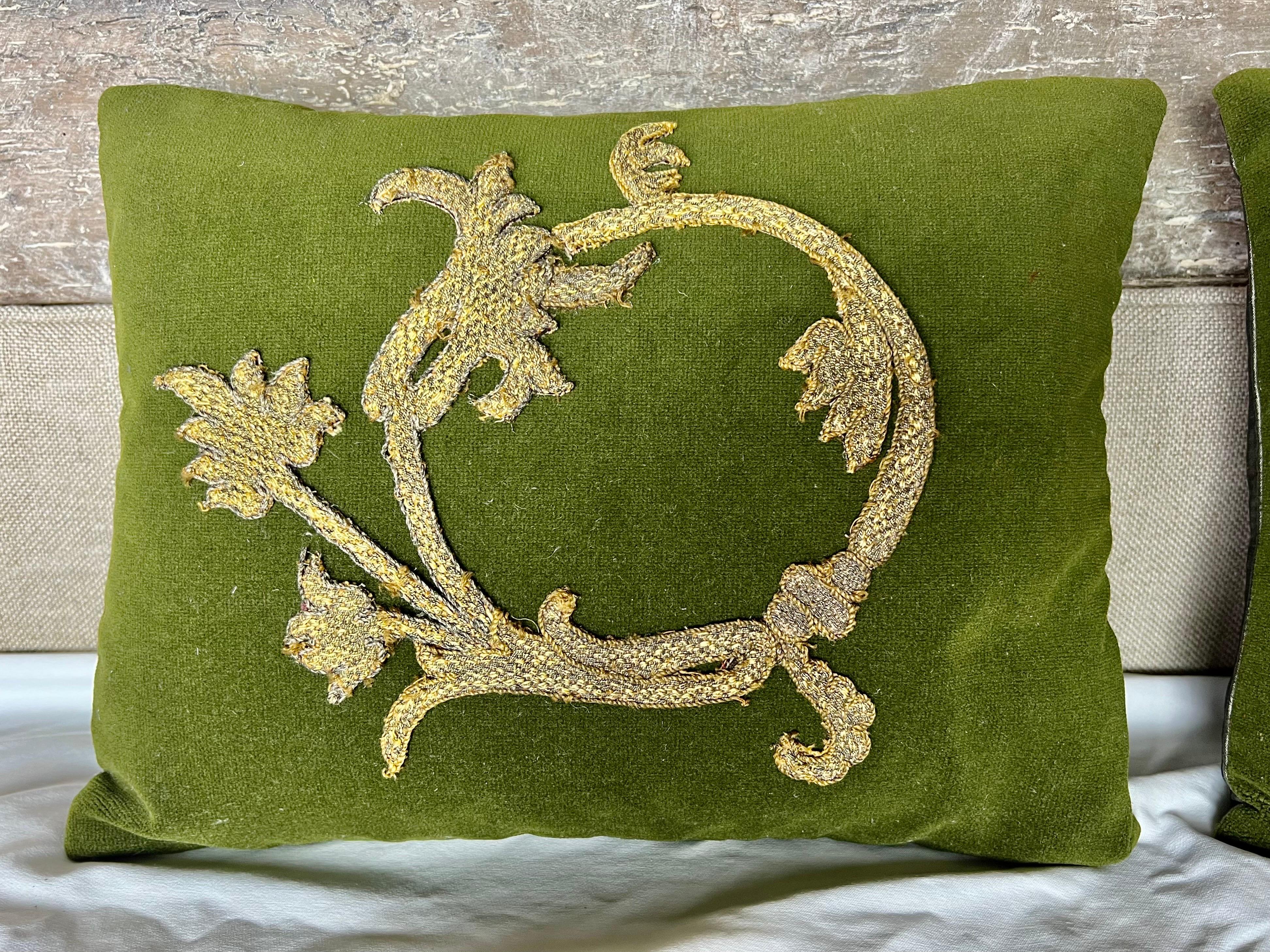 Italian Pair of Appliquéd Green Velvet pillows