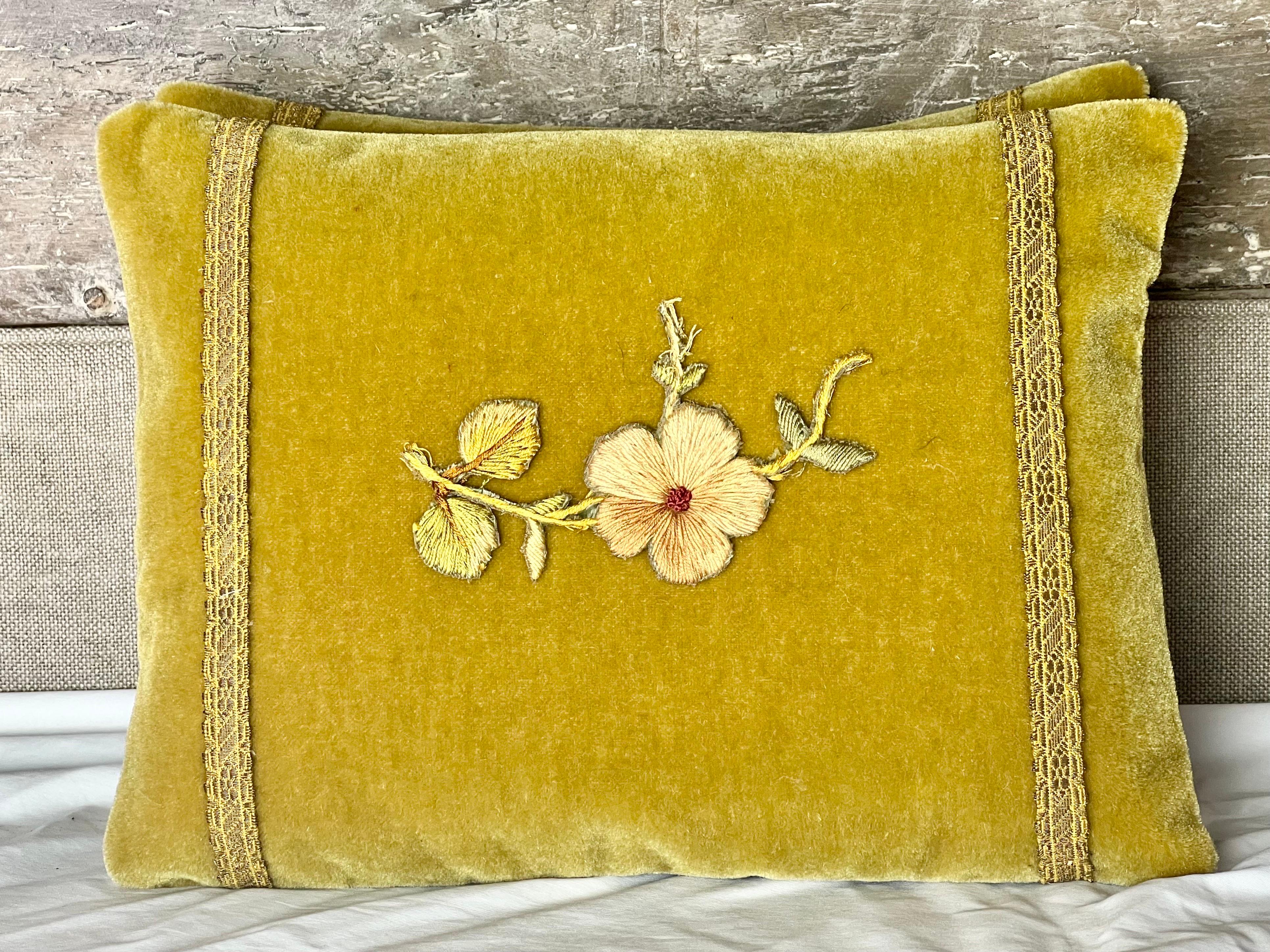 Custom pair of pillows made with 19th century silk & metallic appliques combined with contemporary mustard colored mohair. Gray silk backs, down inserts, zipper closures.