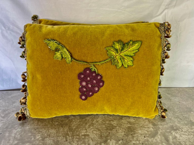 Pair of Appliquéd Mohair Pillows w/ Grape Vines For Sale at 1stDibs