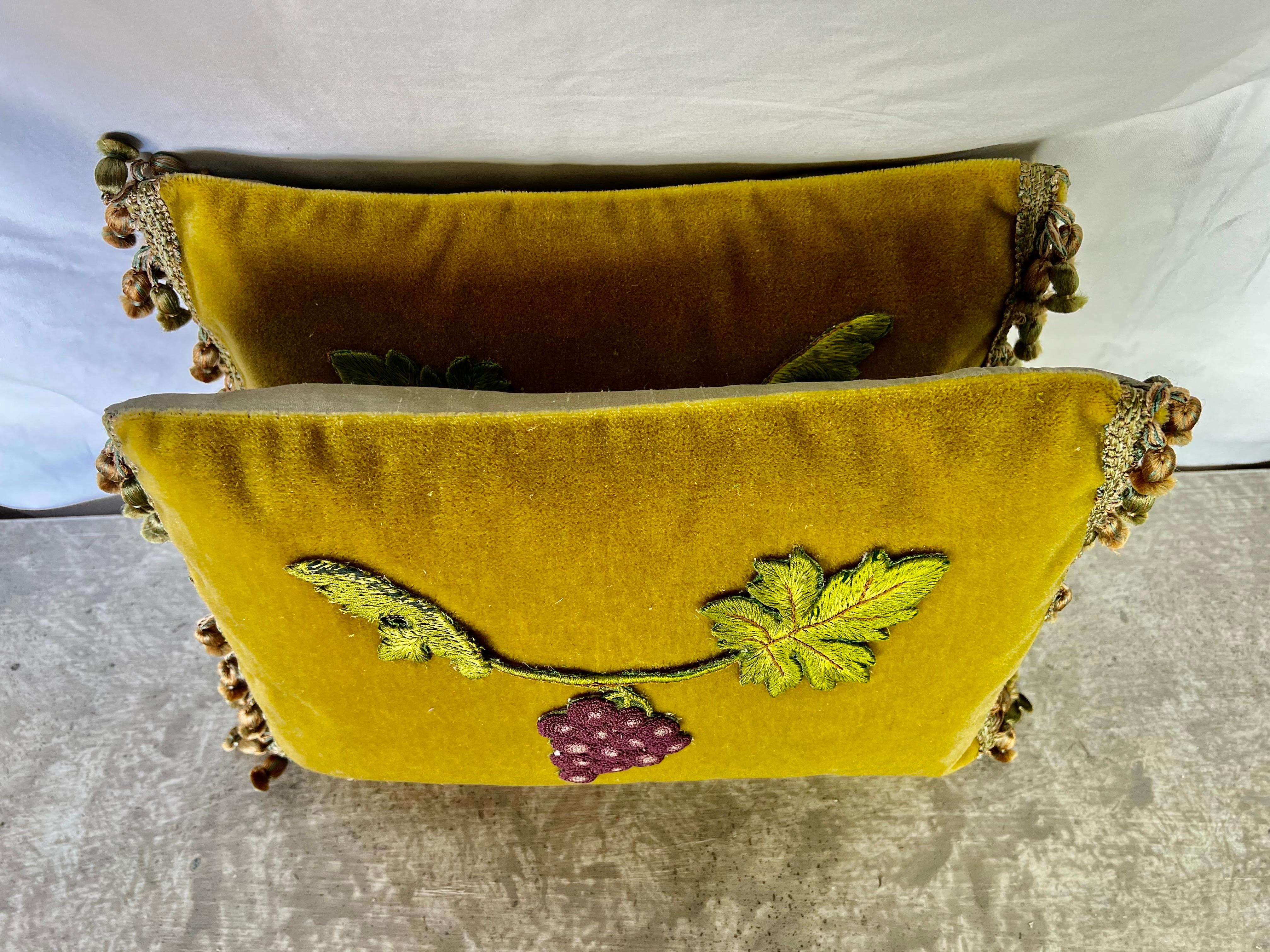 Pair of Appliquéd Mohair Pillows w/ Grape Vines In New Condition For Sale In Los Angeles, CA