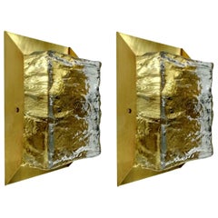 Pair of Appliques Wall Lamps in Brass Design J. T. Kalmar "Ice Glass", 1970s