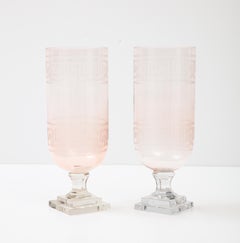 Pair of Apricot / Blush Greek Key Glass Vases