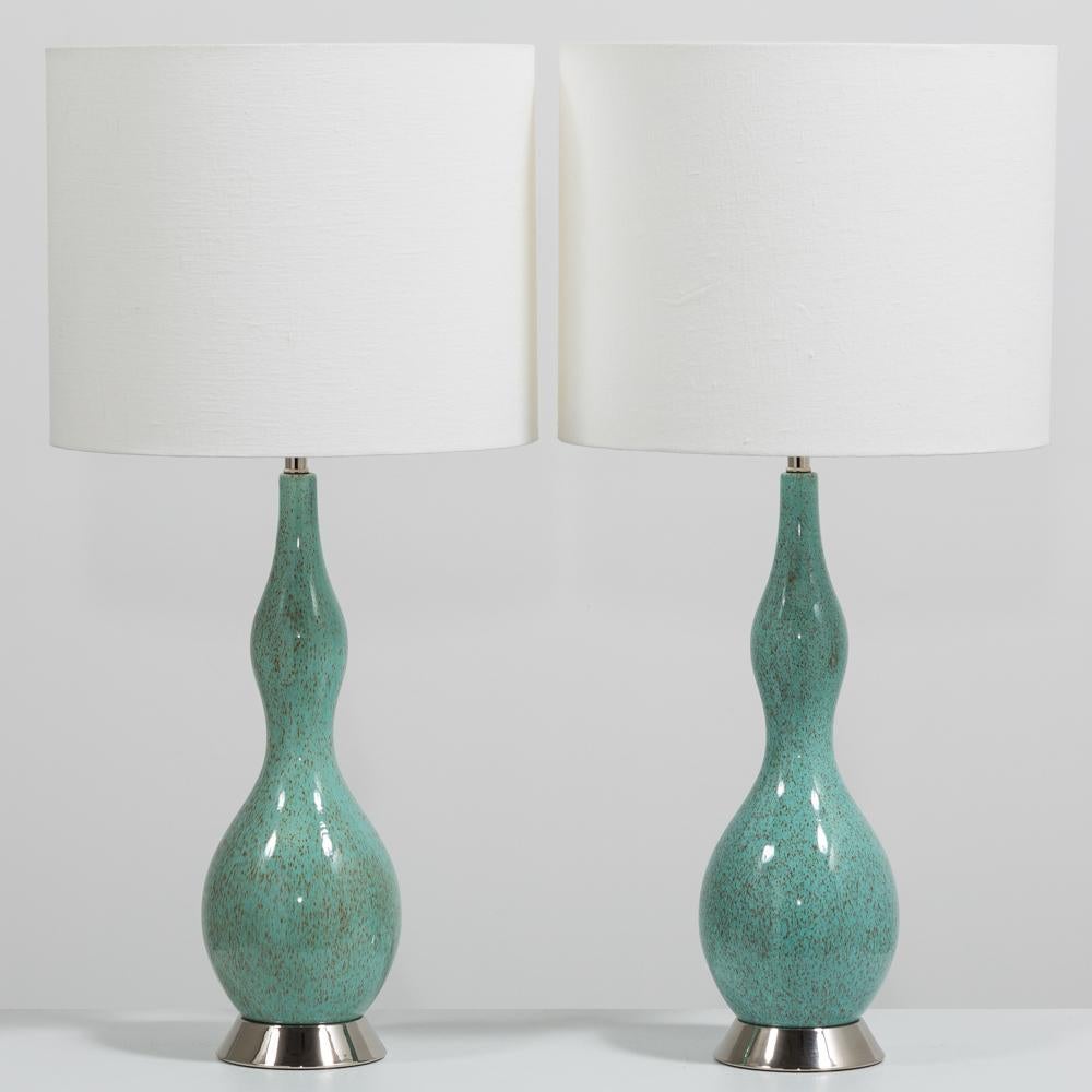 Late 20th Century Pair of Aqua and Brown Speckled Ceramic Lamps 1970s