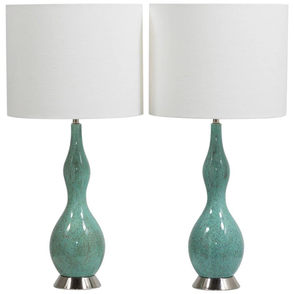 Pair of Aqua and Brown Speckled Ceramic Lamps 1970s