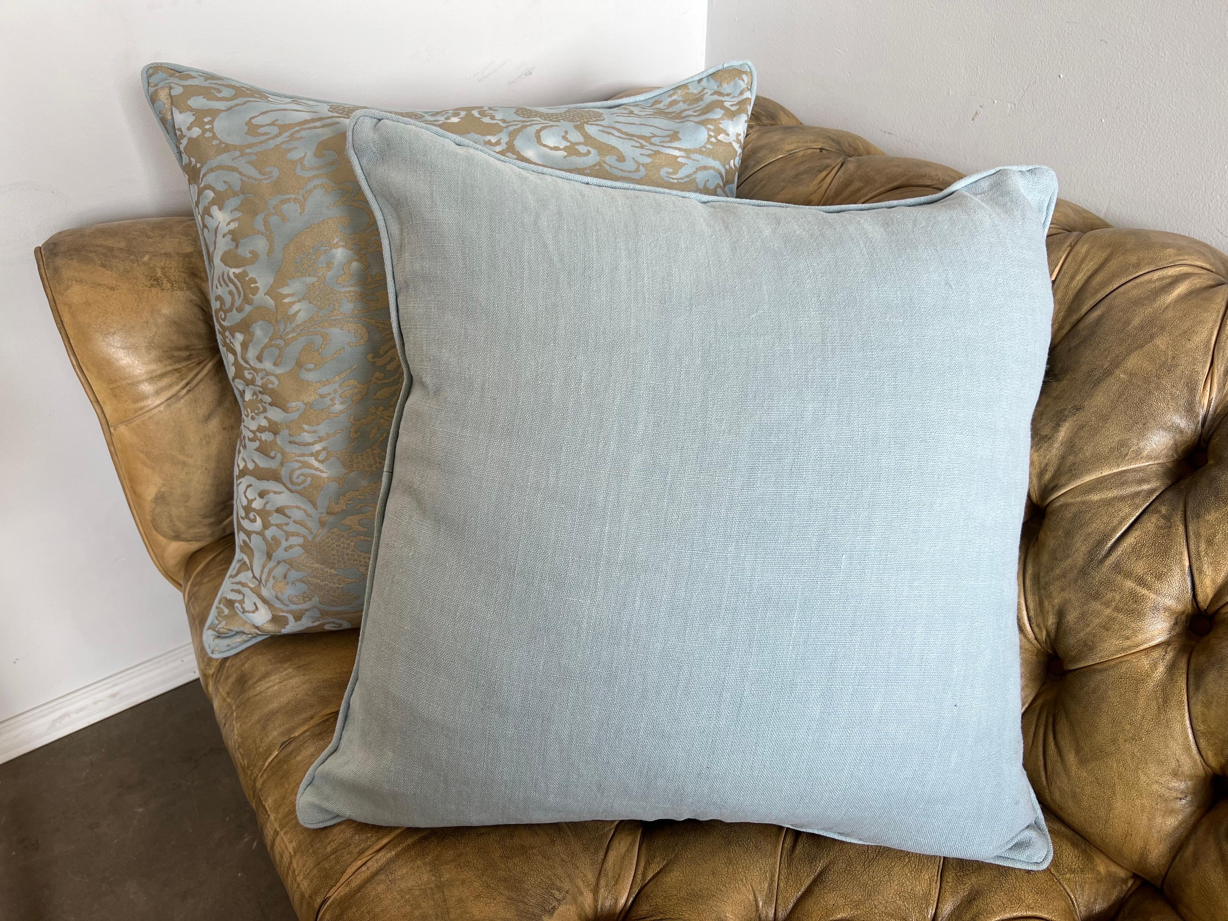 Mid-20th Century Pair of Aqua and Gold Fortuny Pillows w/ Linen Backs