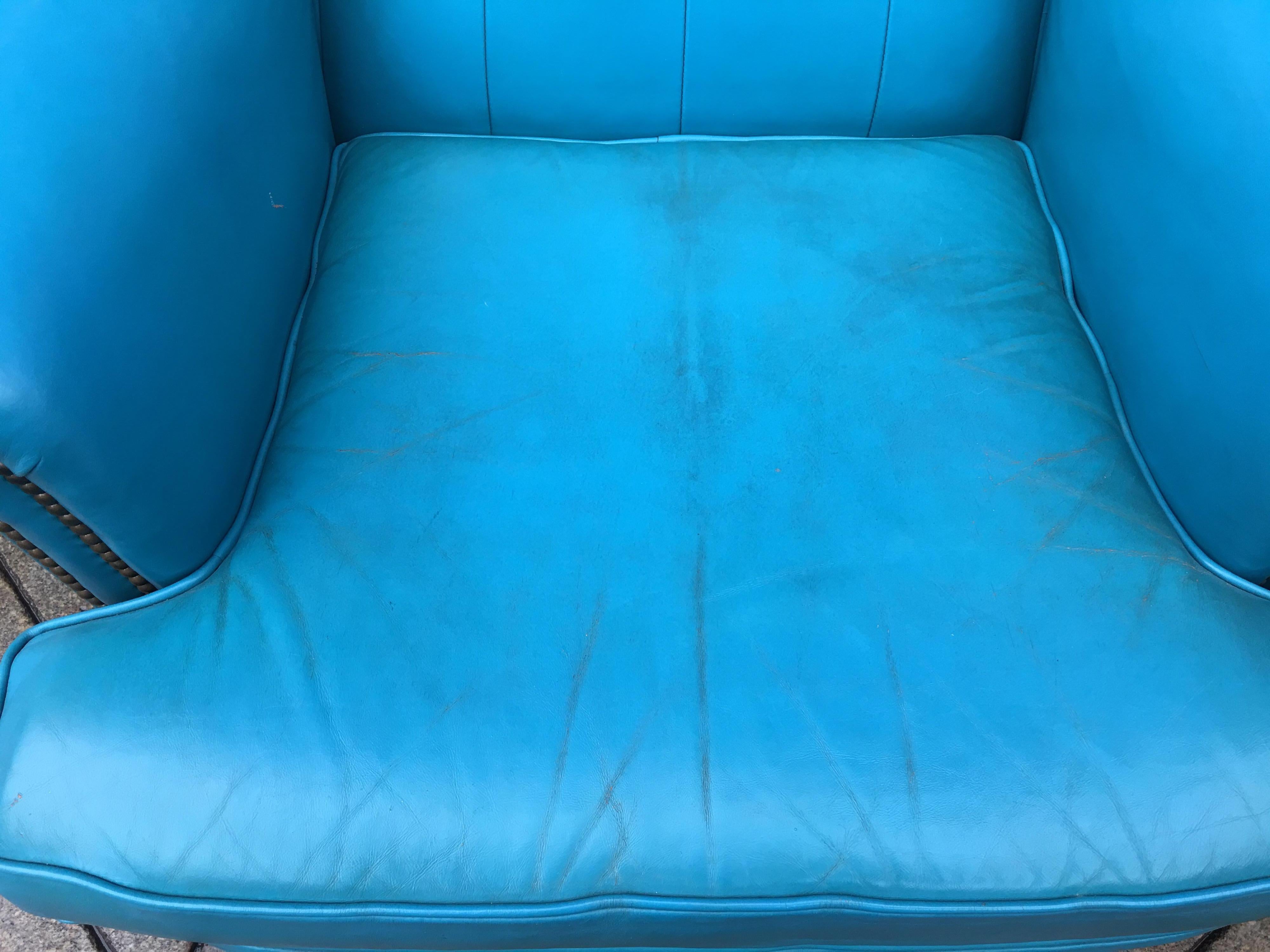 Pair of Aqua Blue Leather Chesterfield Club Chairs with Ottomans 3