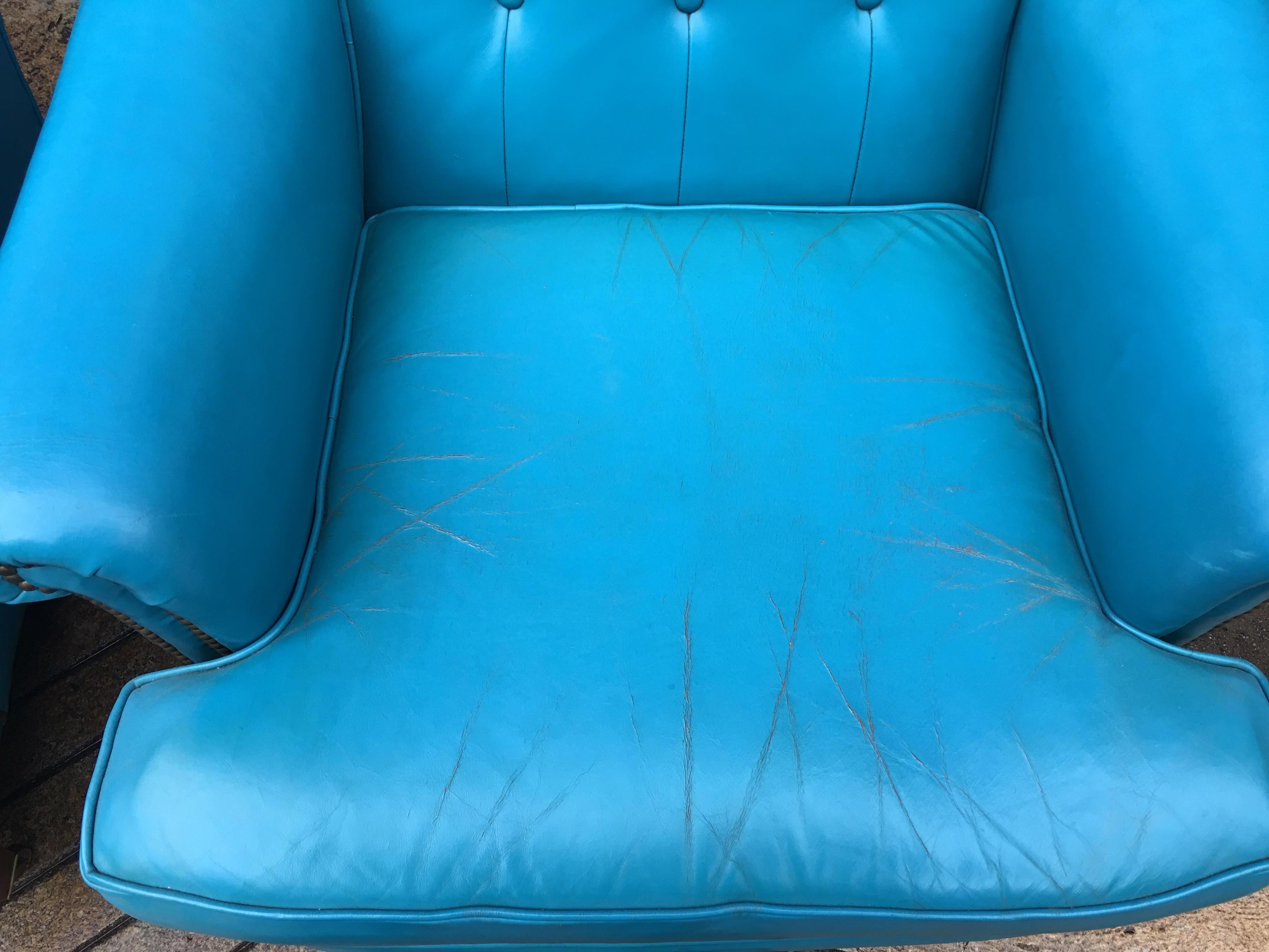 Pair of Aqua Blue Leather Chesterfield Club Chairs with Ottomans 4
