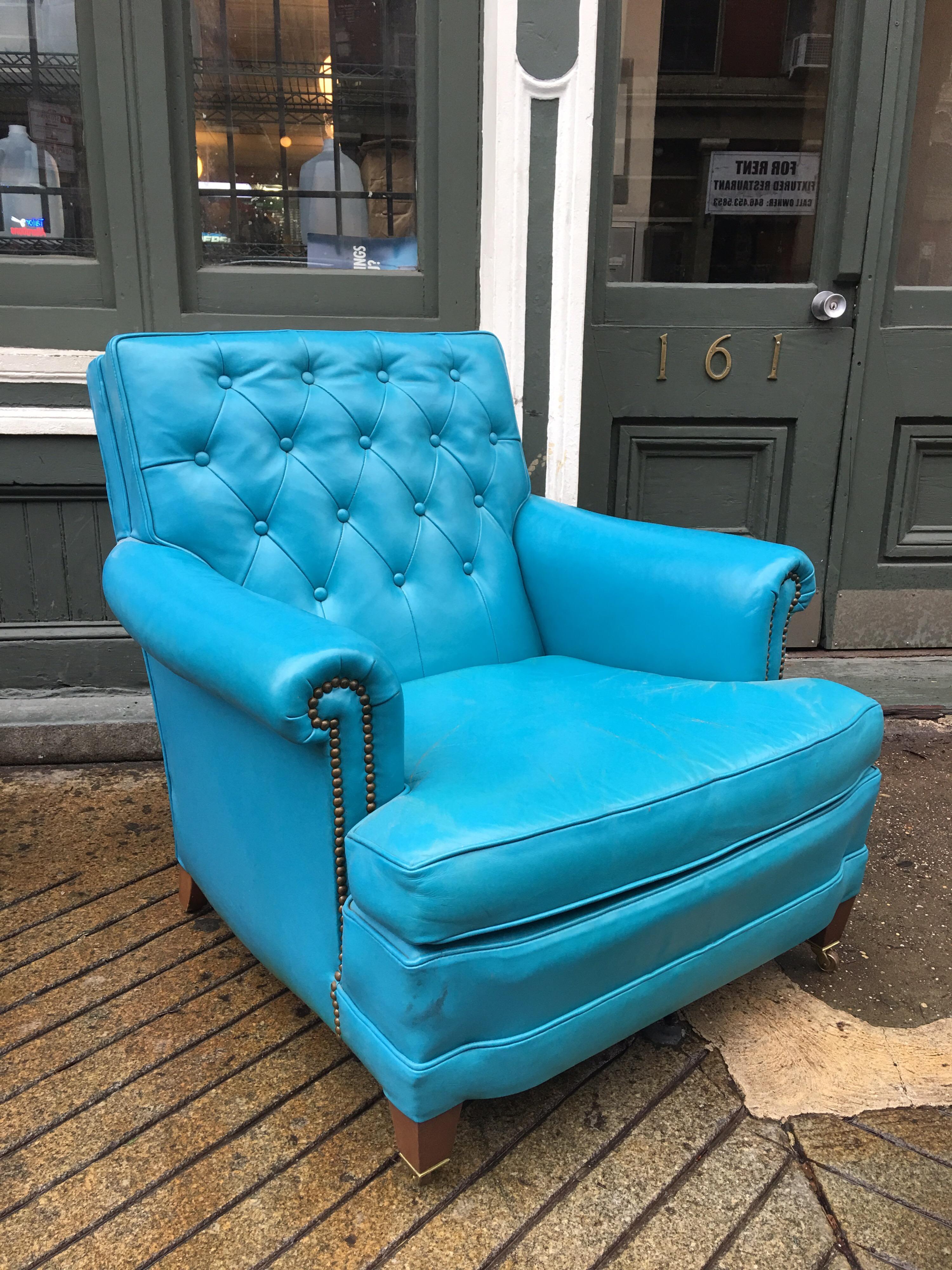 Pair of Aqua Blue Leather Chesterfield Club Chairs with Ottomans 5