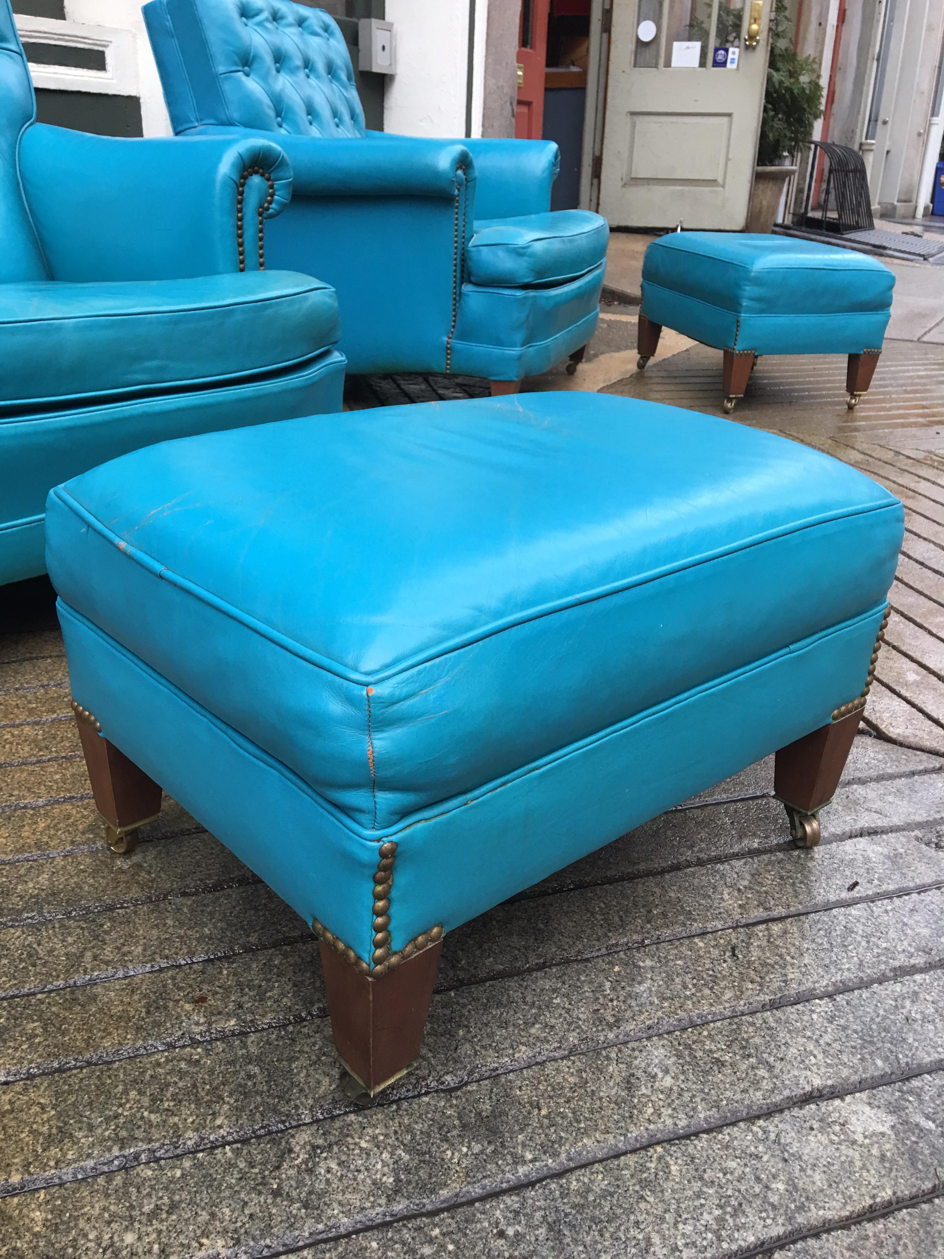 Pair of Aqua Blue Leather Chesterfield Club Chairs with Ottomans 6