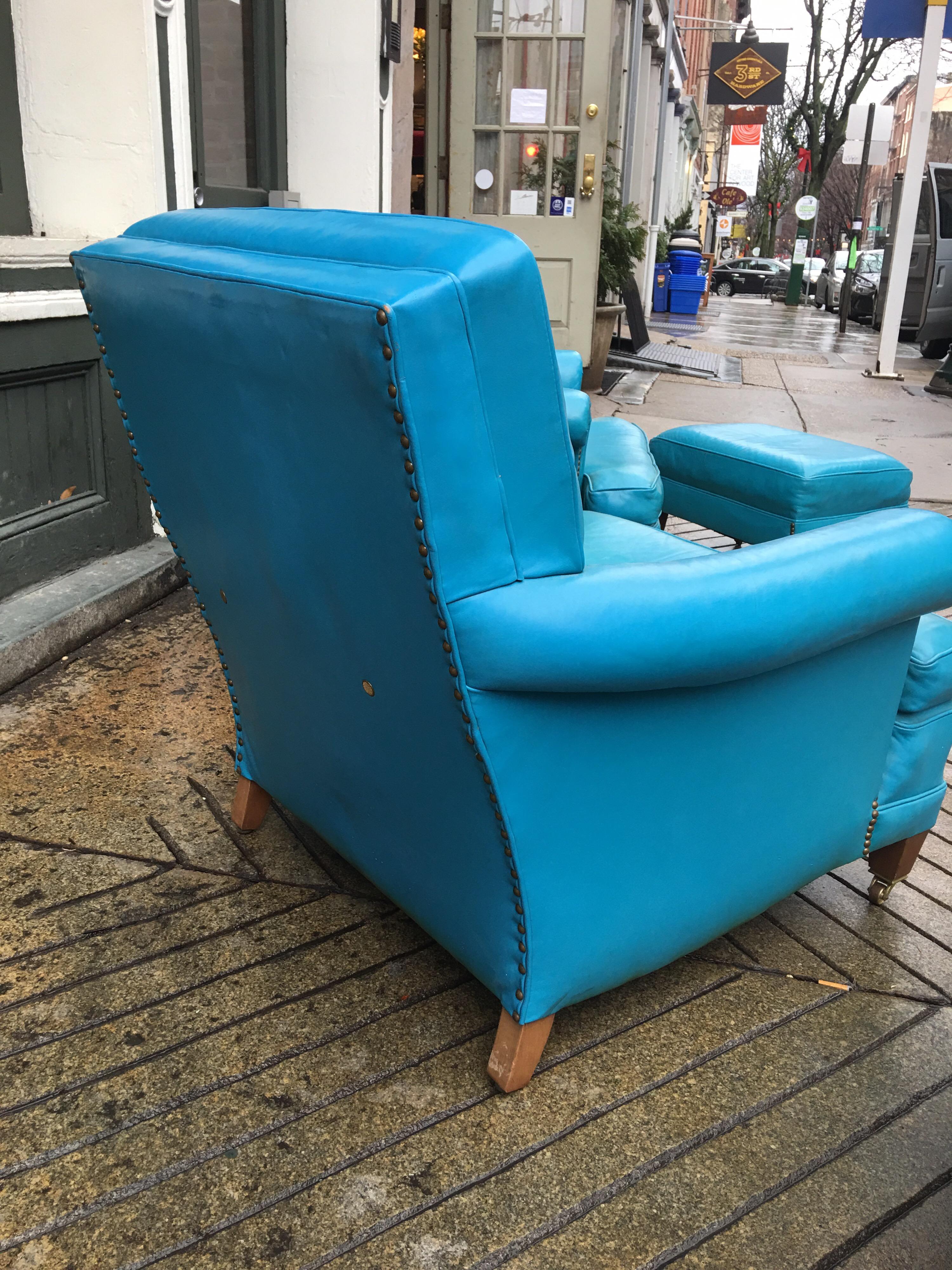 Pair of Aqua Blue Leather Chesterfield Club Chairs with Ottomans 7