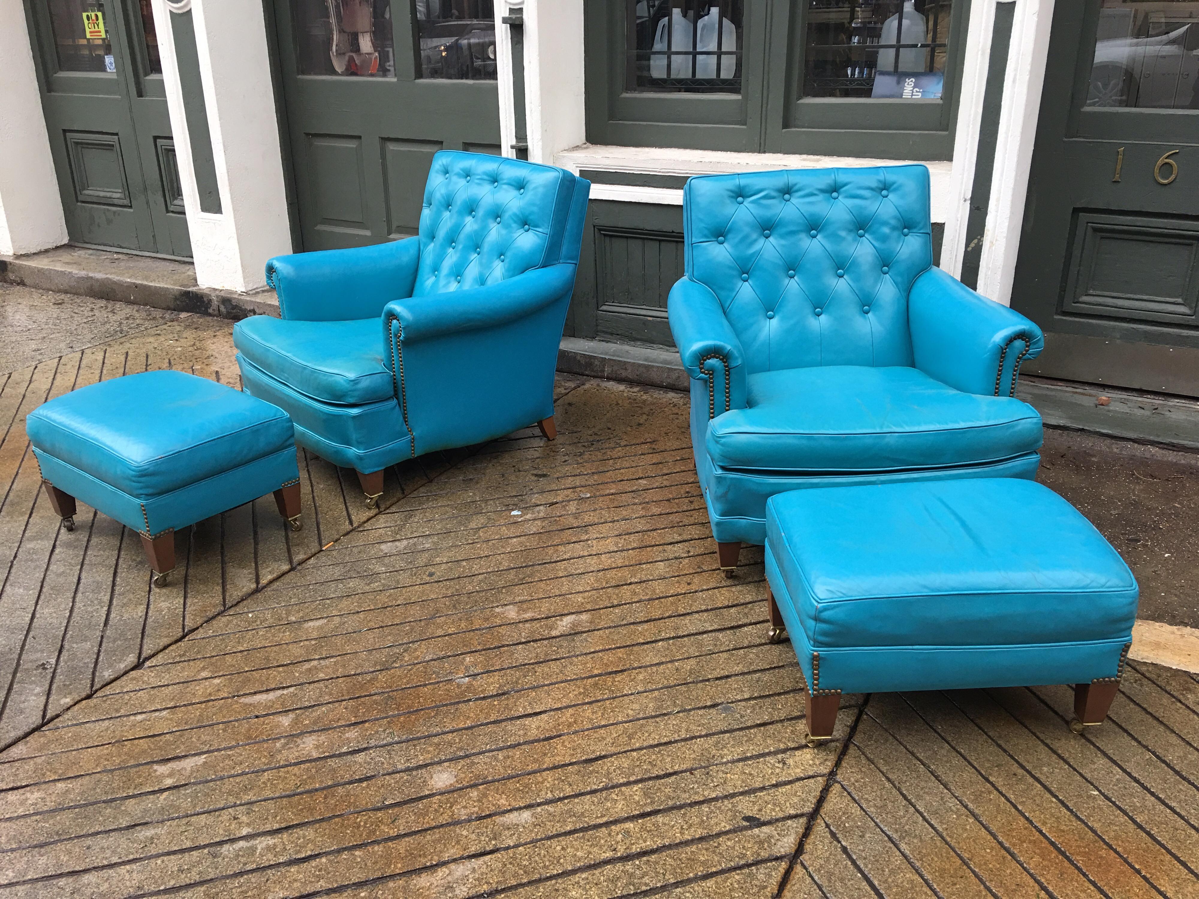 Beautiful aqua blue leather chesterfield club chairs from the early 1960s in amazing original condition! This pair shows minimal wear, with just a little on the seat cushions. Color is vibrant with no fading, beautiful color not often seen. These