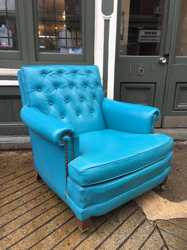 Pair of Aqua Blue Leather Chesterfield Club Chairs with Ottomans at 1stDibs