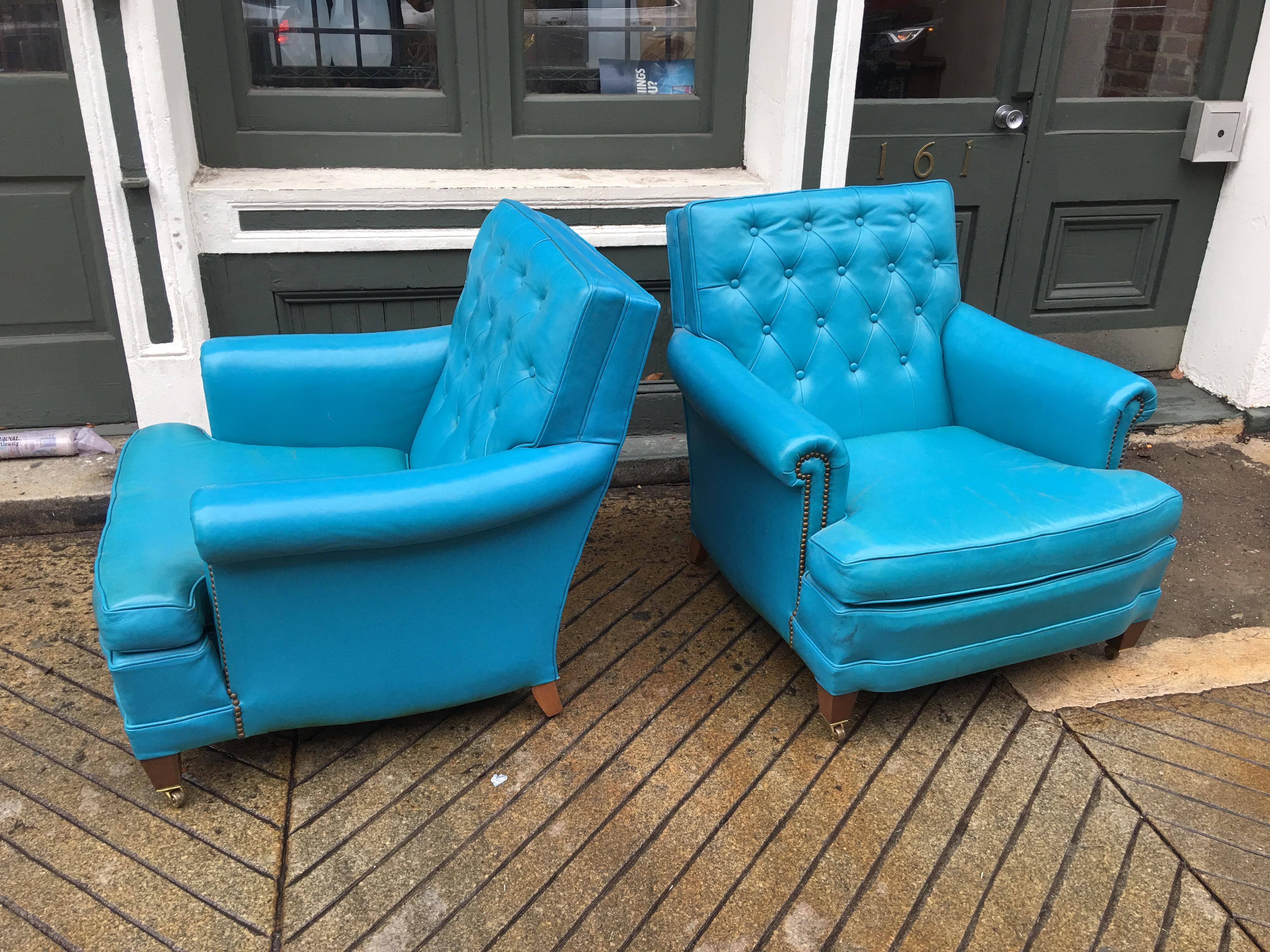 American Pair of Aqua Blue Leather Chesterfield Club Chairs with Ottomans