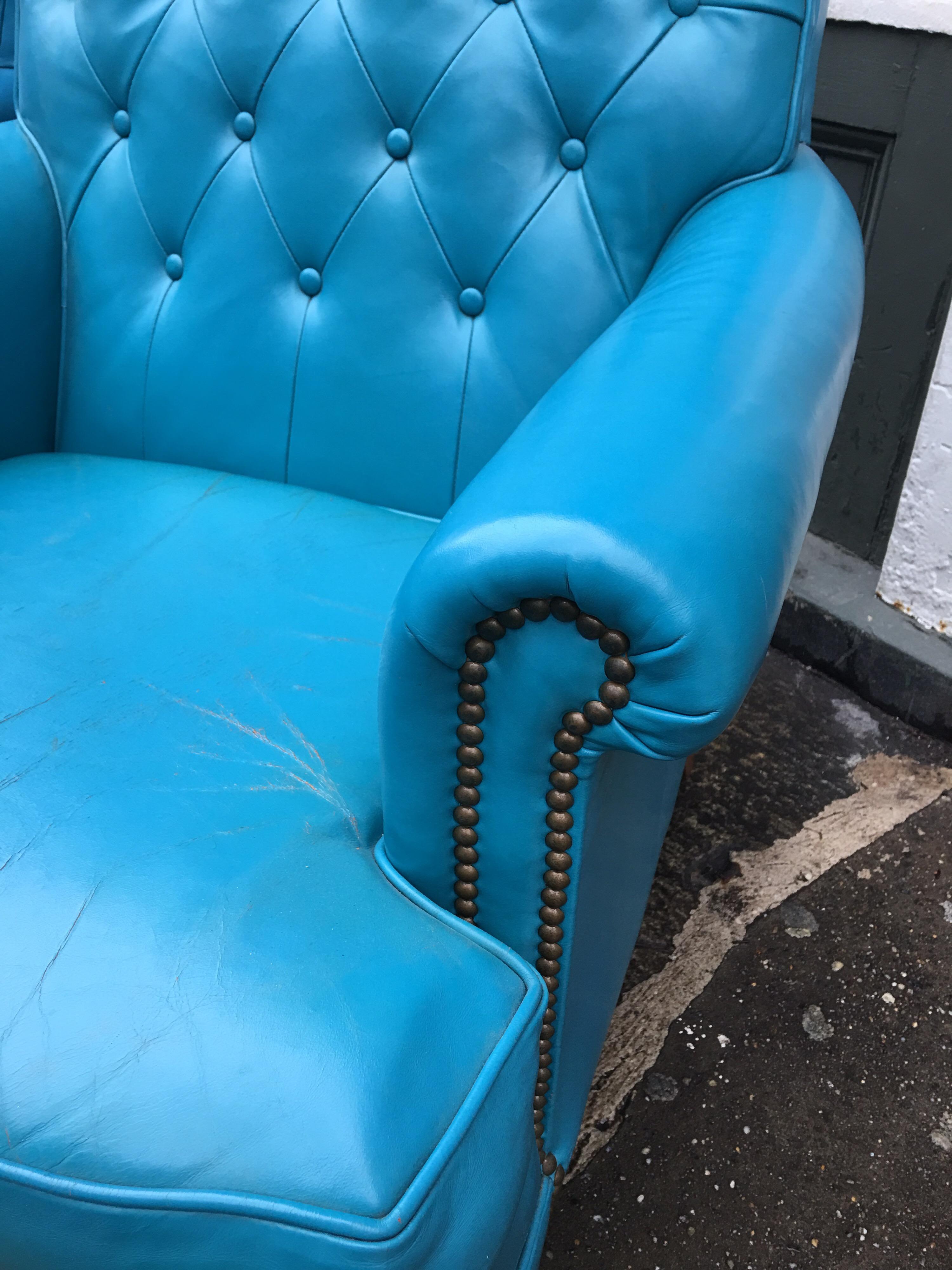 Pair of Aqua Blue Leather Chesterfield Club Chairs with Ottomans In Good Condition In Philadelphia, PA
