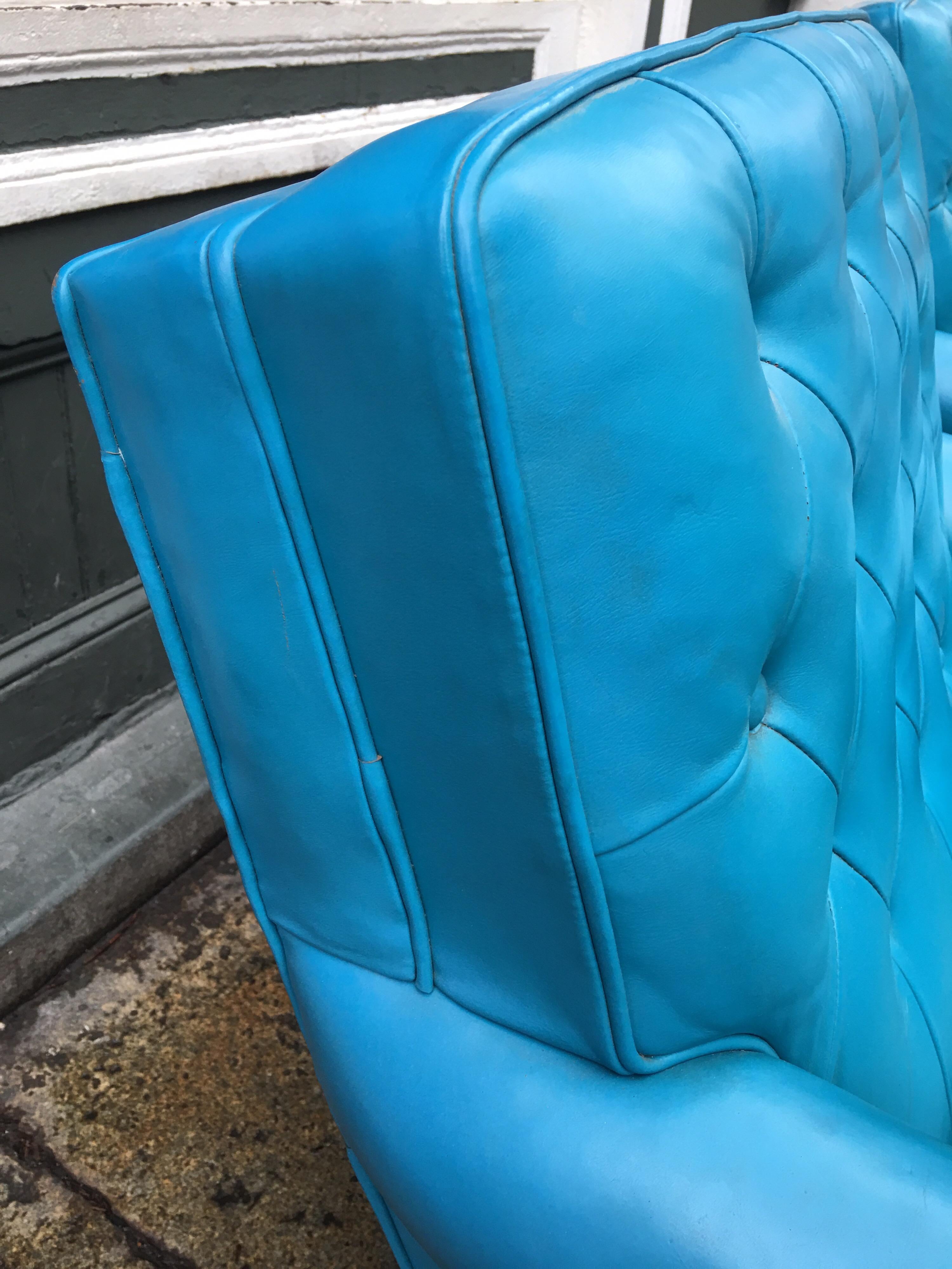 20th Century Pair of Aqua Blue Leather Chesterfield Club Chairs with Ottomans