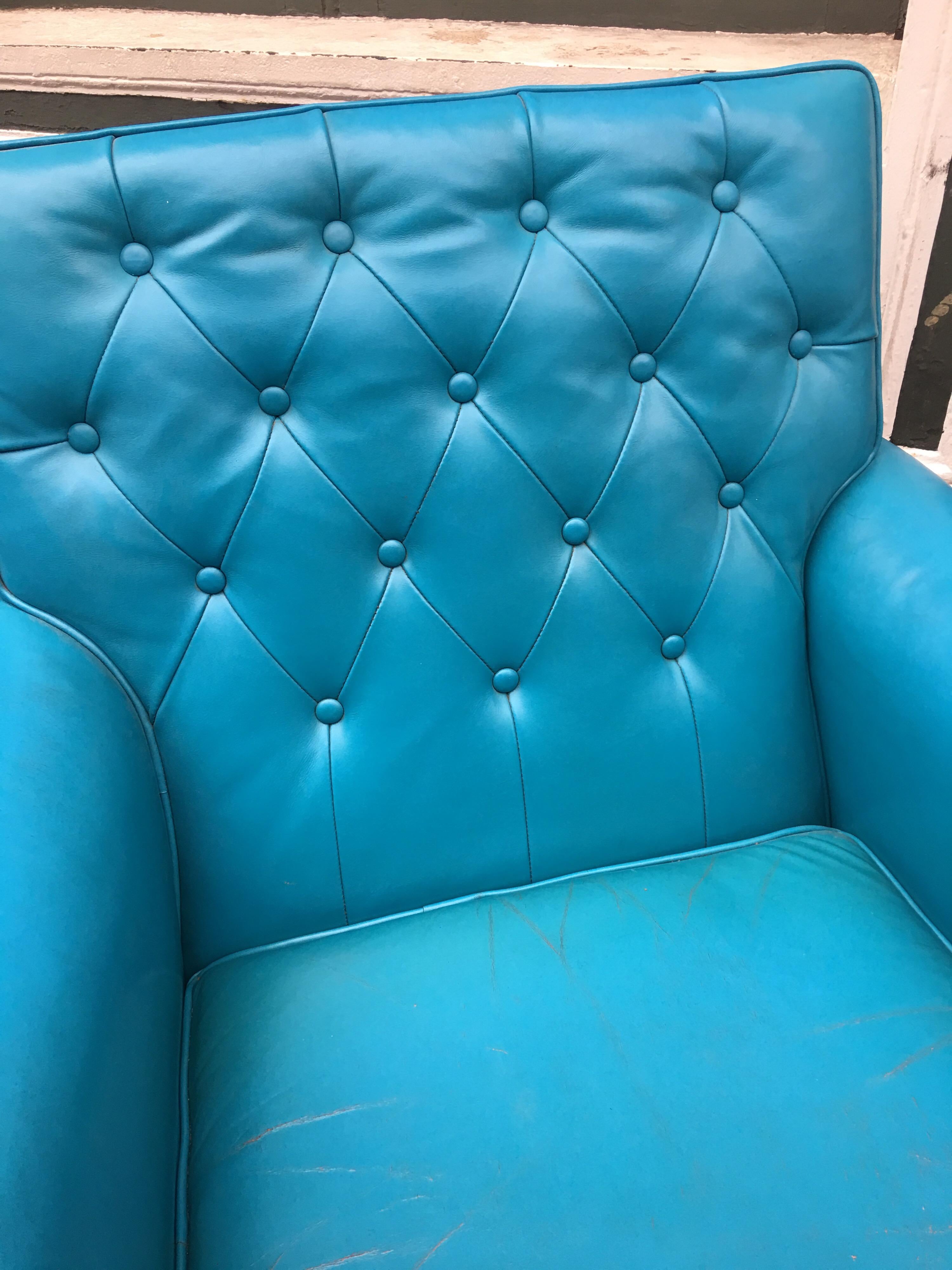 Pair of Aqua Blue Leather Chesterfield Club Chairs with Ottomans 1