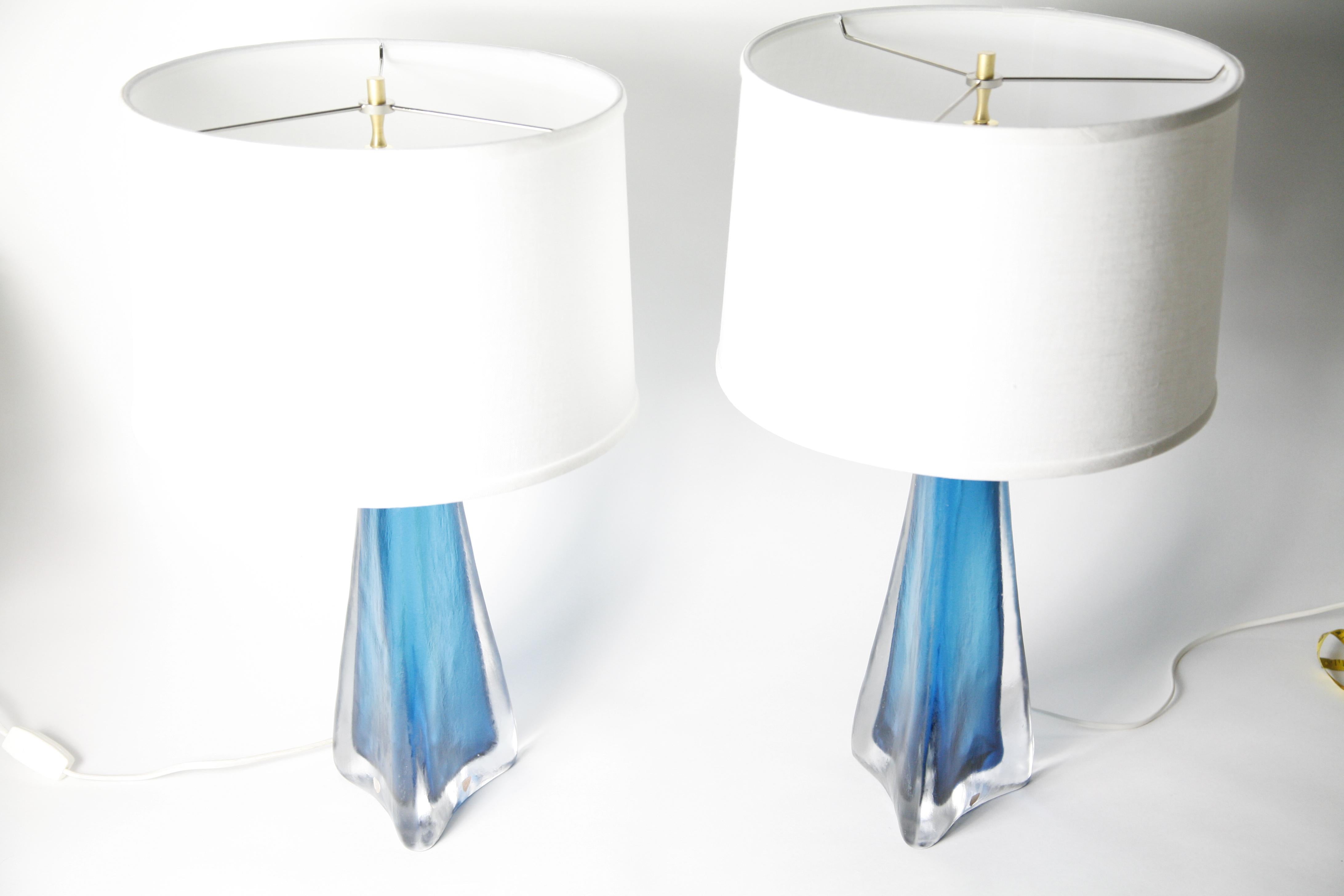 Mid-Century Modern Aqua Blue frosted  Orrefors Lamps, Sweden, 1960