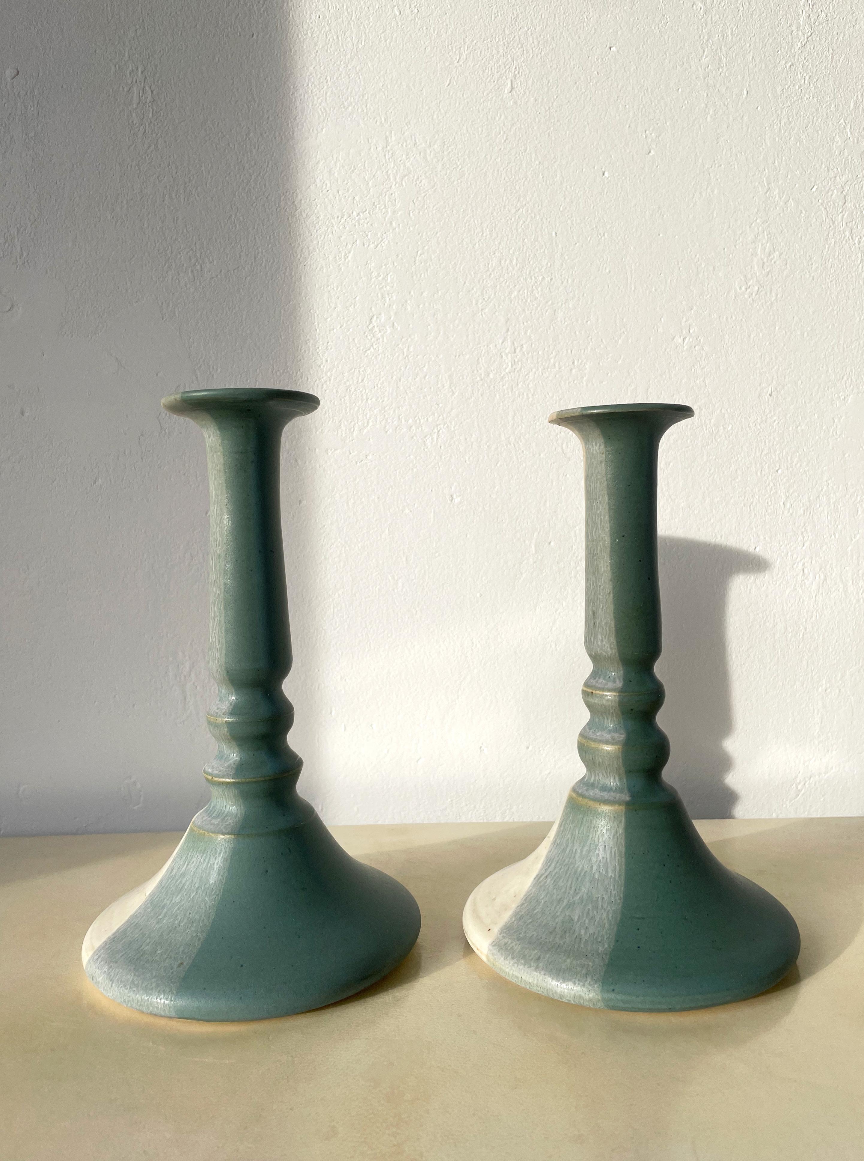 Mid-Century Modern 1970s Aqua, Green, Light Beige Ceramic Candle Holders For Sale