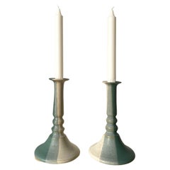 Pair of Aqua, Green, Light Beige Ceramic Candle Holders, 1970s