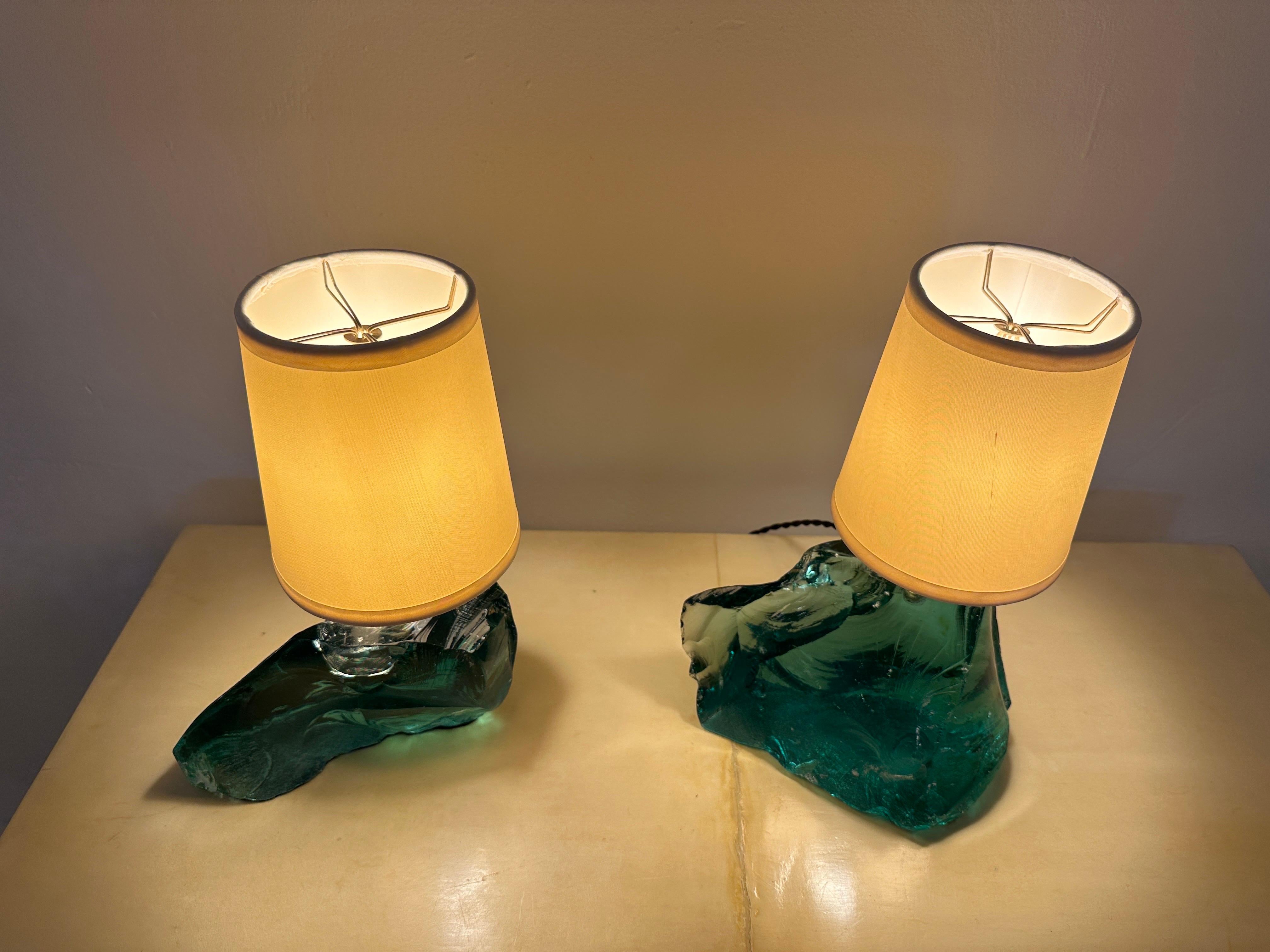 Pair of Aqua Green Slag Glass Table Lamps For Sale 1