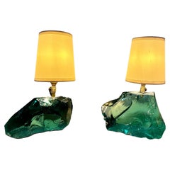 Retro Pair of Aqua Green Slag Glass Table Lamps