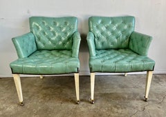 Pair of Aqua Leather Tufted Mid-Century Armchairs C. 1940's