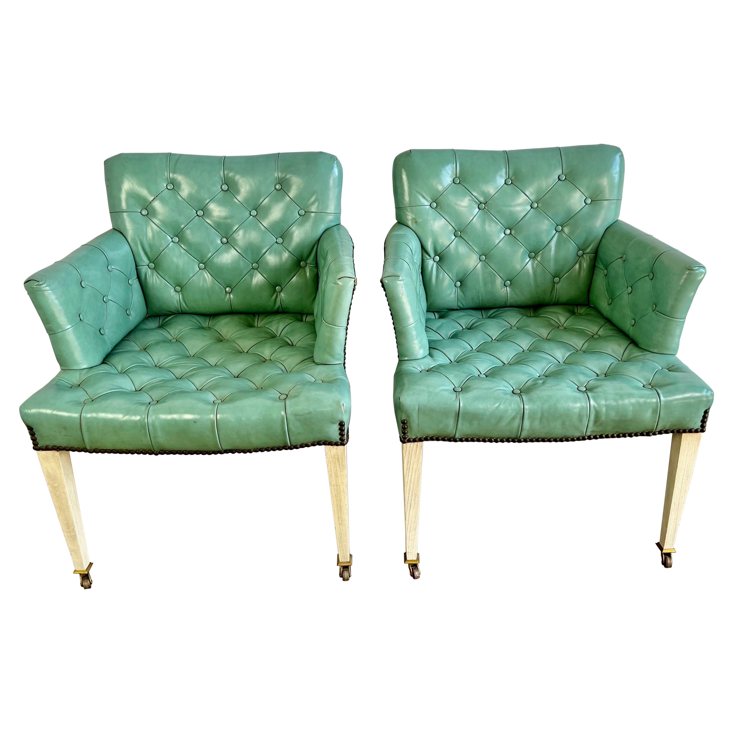 Pair of Aqua Leather Tufted Mid-Century Armchairs C. 1940
s