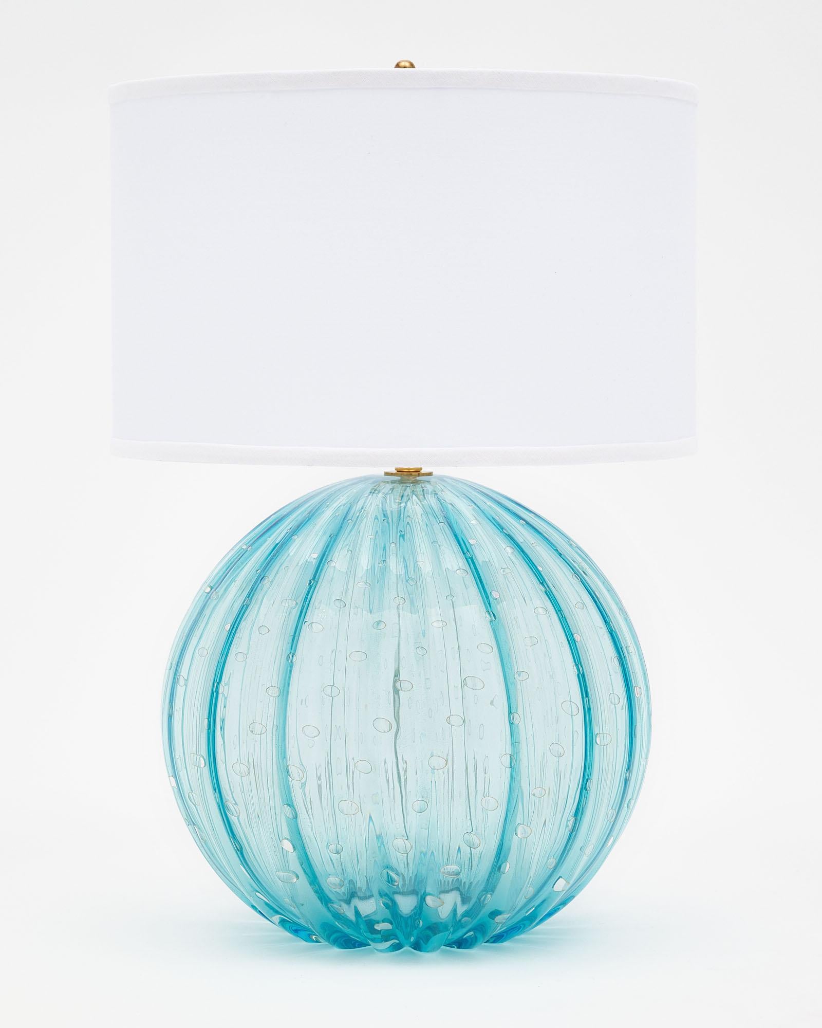 Stunning pair of aqua blue Murano glass table lamps with 23-karat 