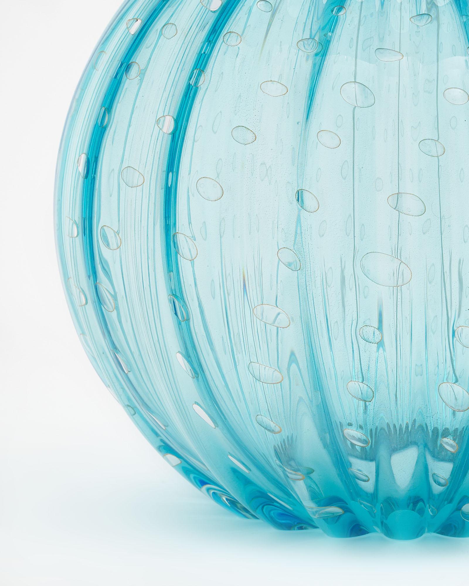 Mid-Century Modern Pair of Aqua Murano Glass Globe Lamps For Sale