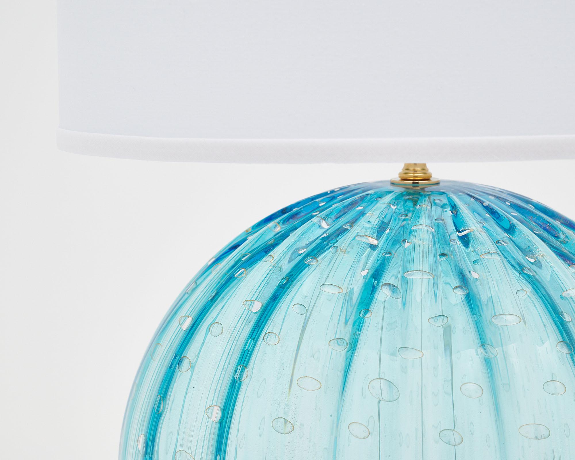 Italian Pair of Aqua Murano Glass Globe Lamps For Sale