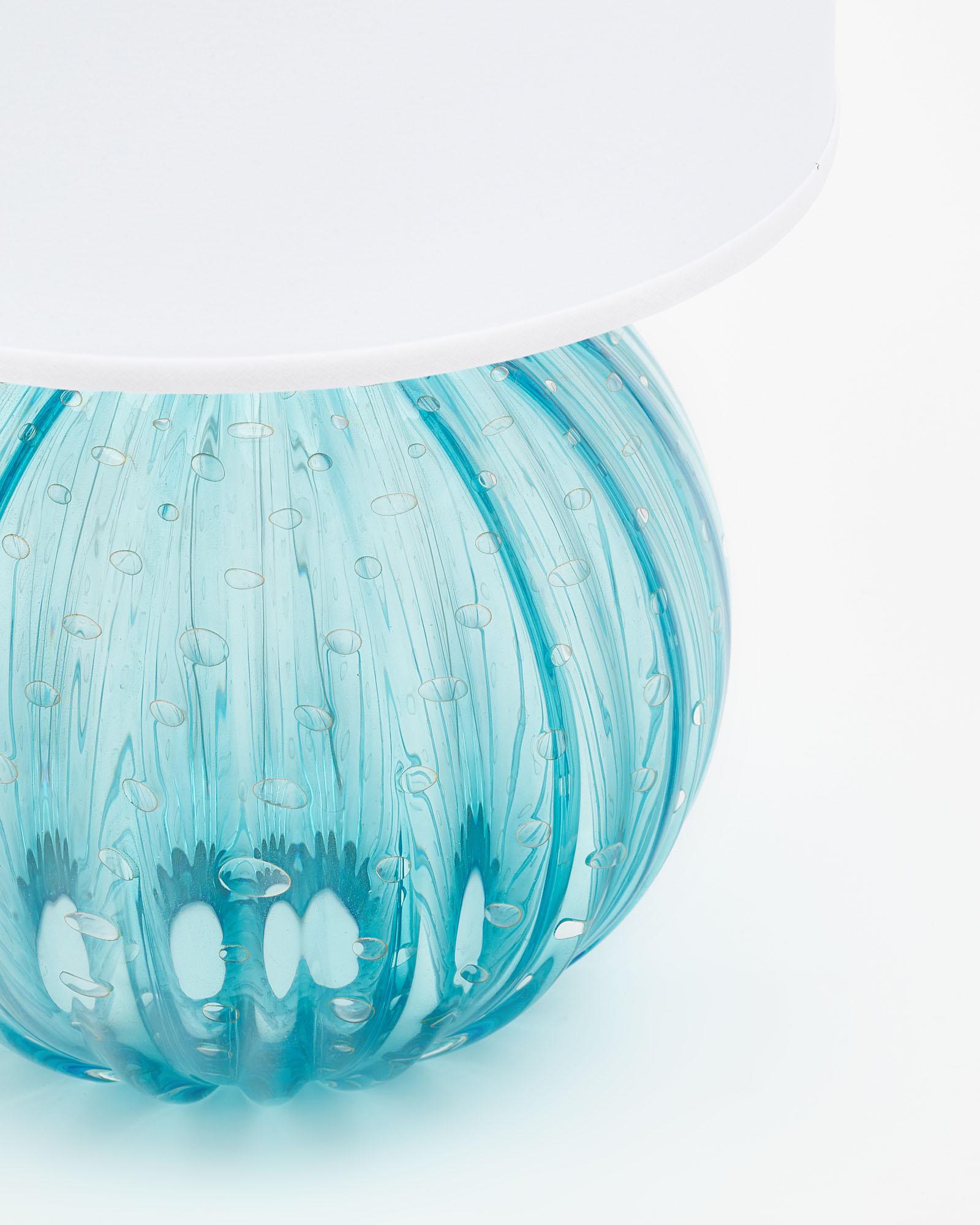 Contemporary Pair of Aqua Murano Glass Globe Lamps For Sale