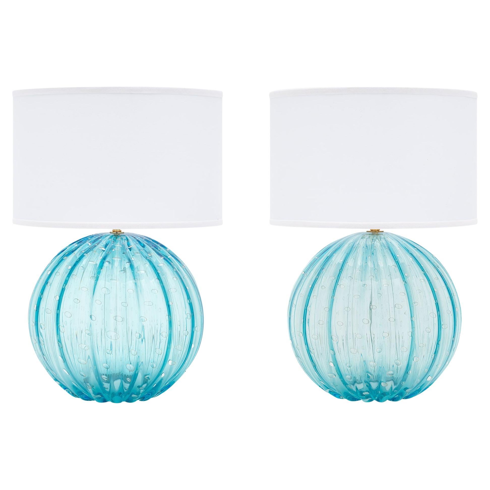 Pair of Aqua Murano Glass Globe Lamps For Sale