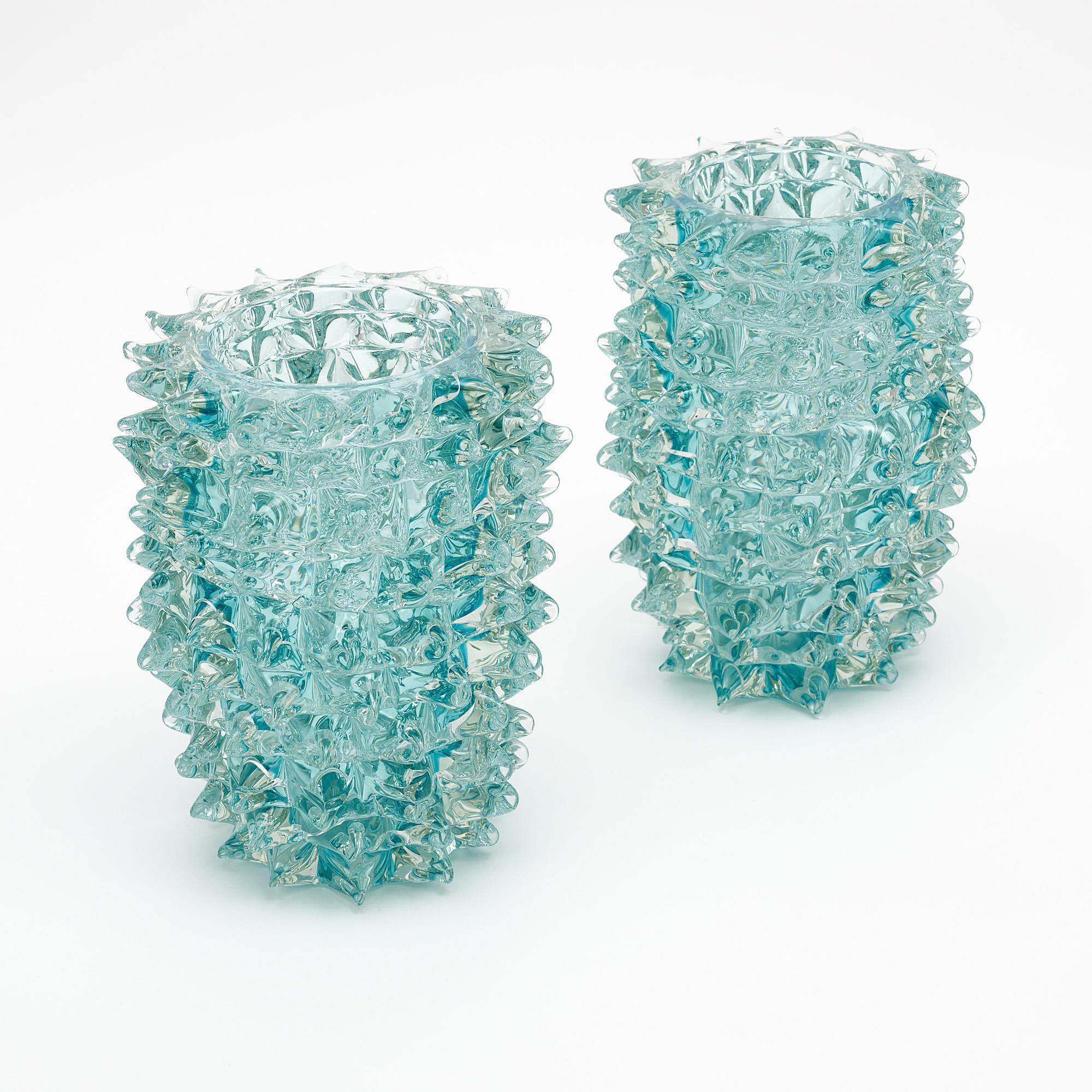 Mid-Century Modern Pair of Aqua Murano “Rostrate” Vases