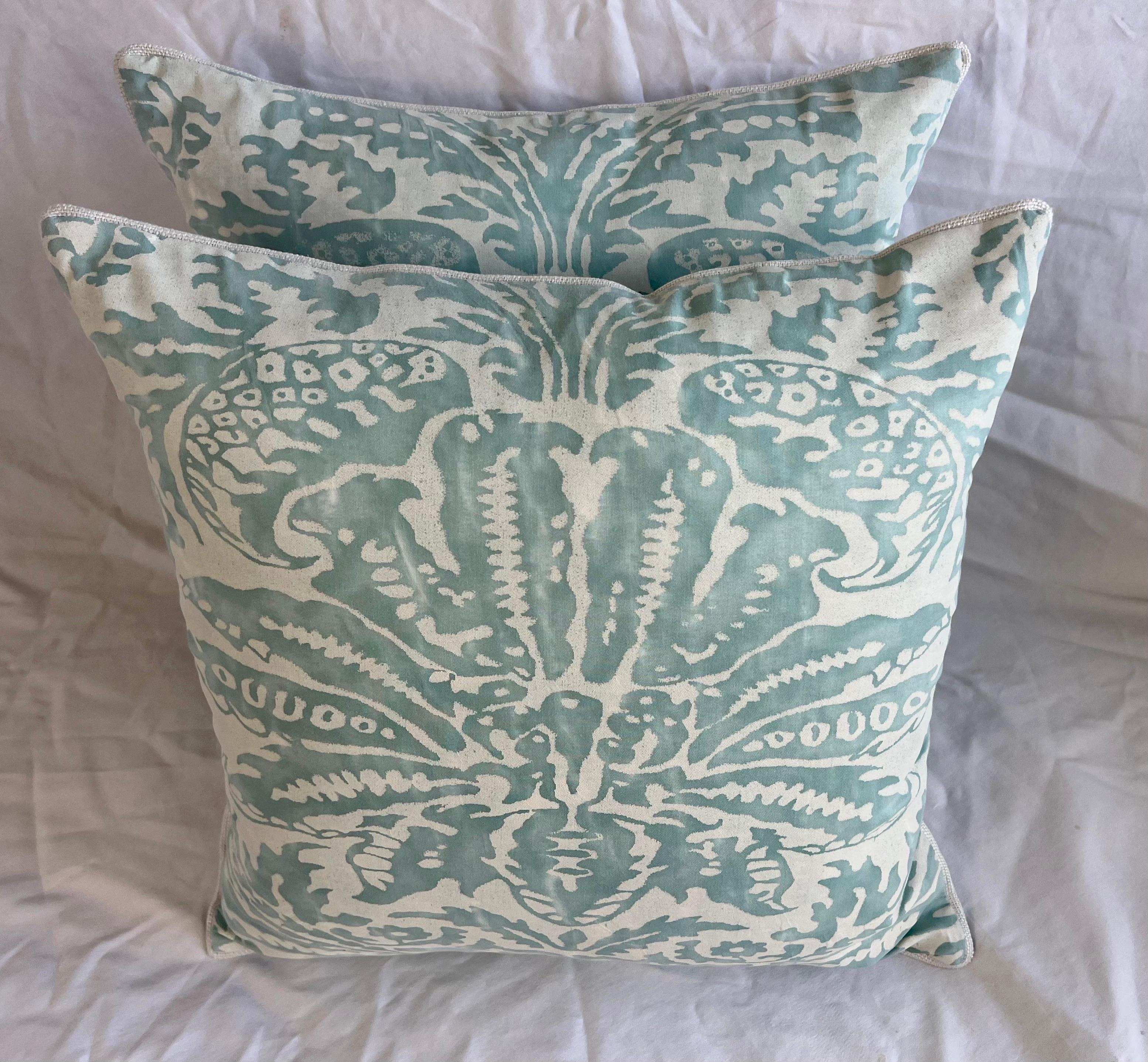 Pair of newly constructed pillows made with vintage aqua & white cotton fronts and natural linen backs. Down filled inserts, zipper closures.