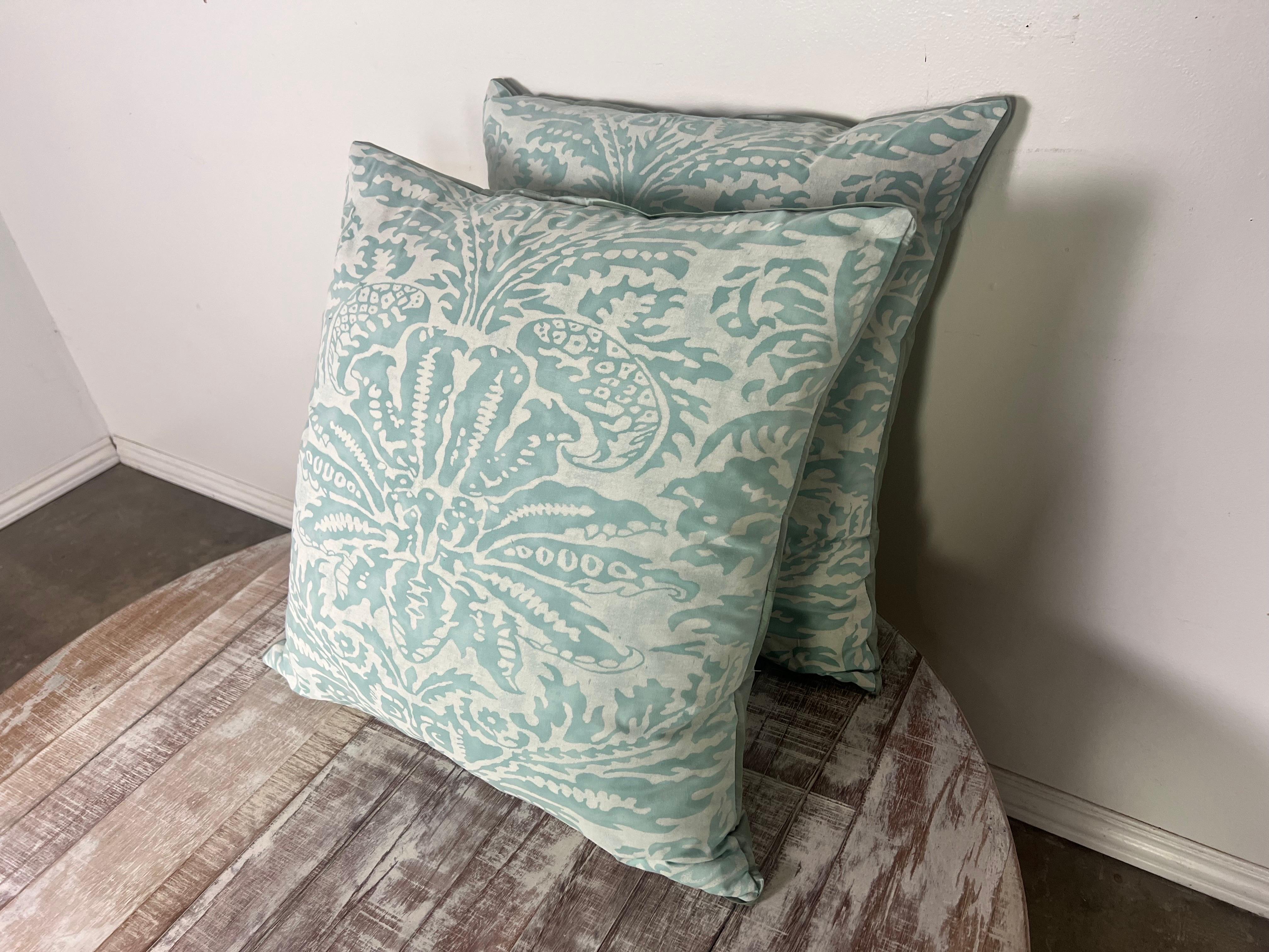 Rococo Pair of Aqua & White Colored Fortuny Pillows For Sale