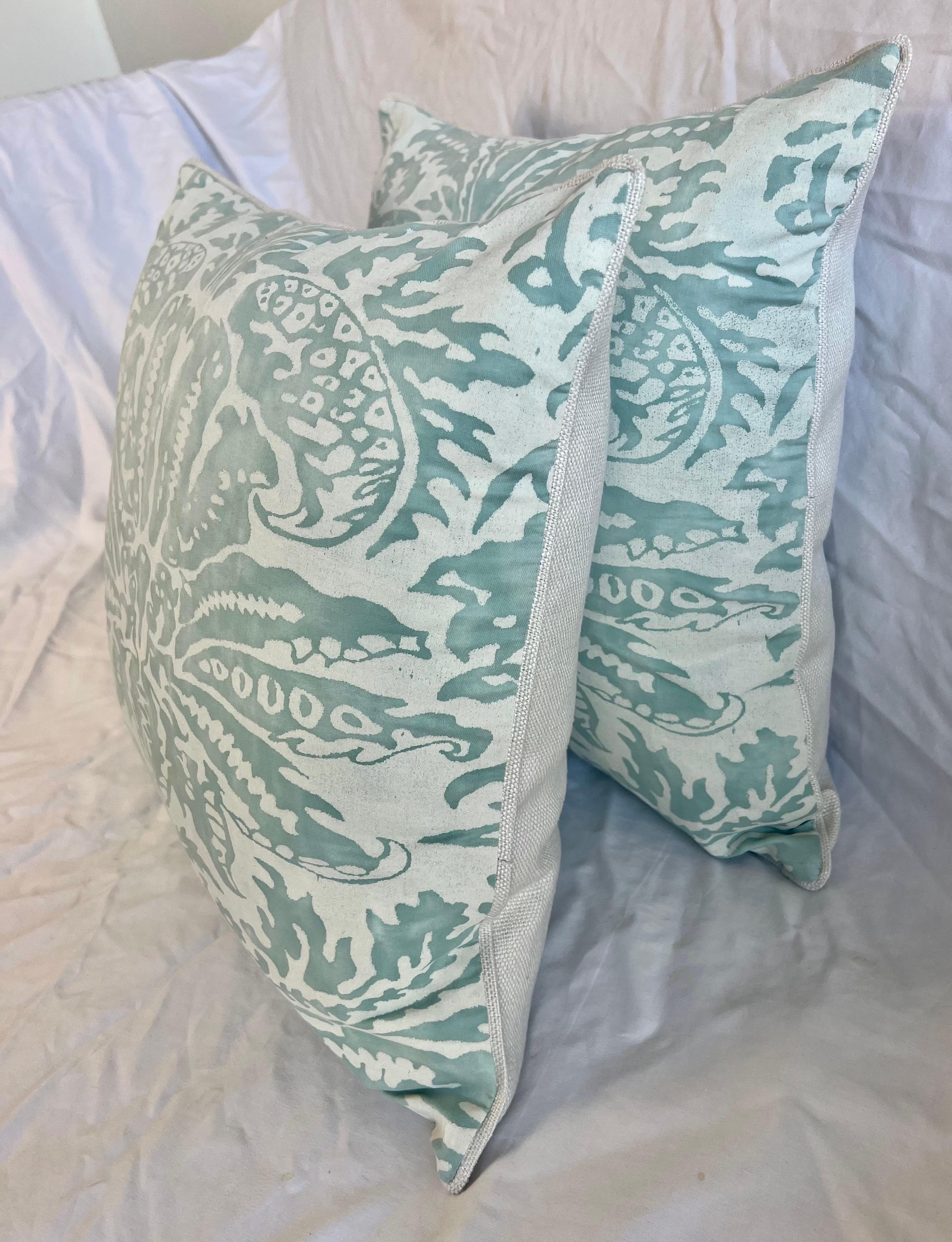 Pair of Aqua & White Colored Fortuny Pillows In Excellent Condition For Sale In Los Angeles, CA